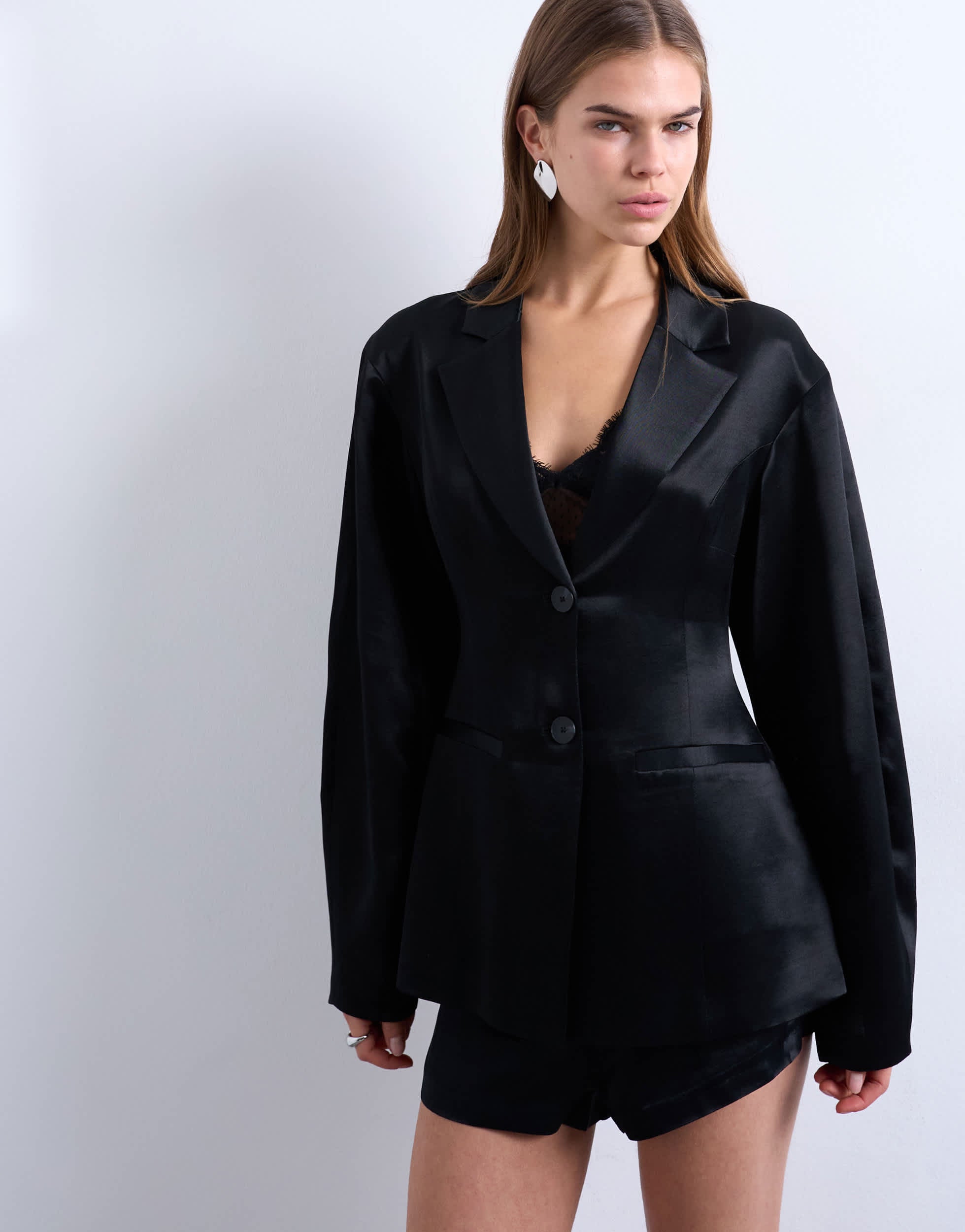 Topshop satin cinched blazer in black