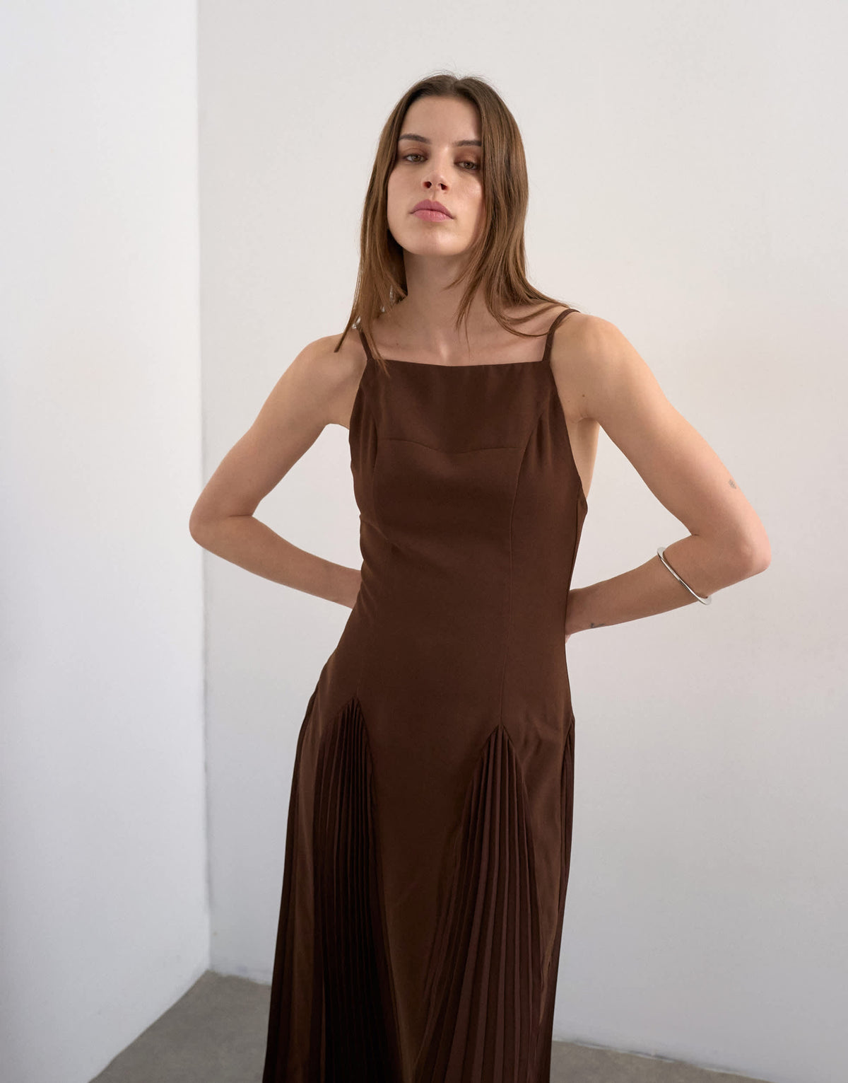 Topshop premium pleated high godet maxi dress in brown