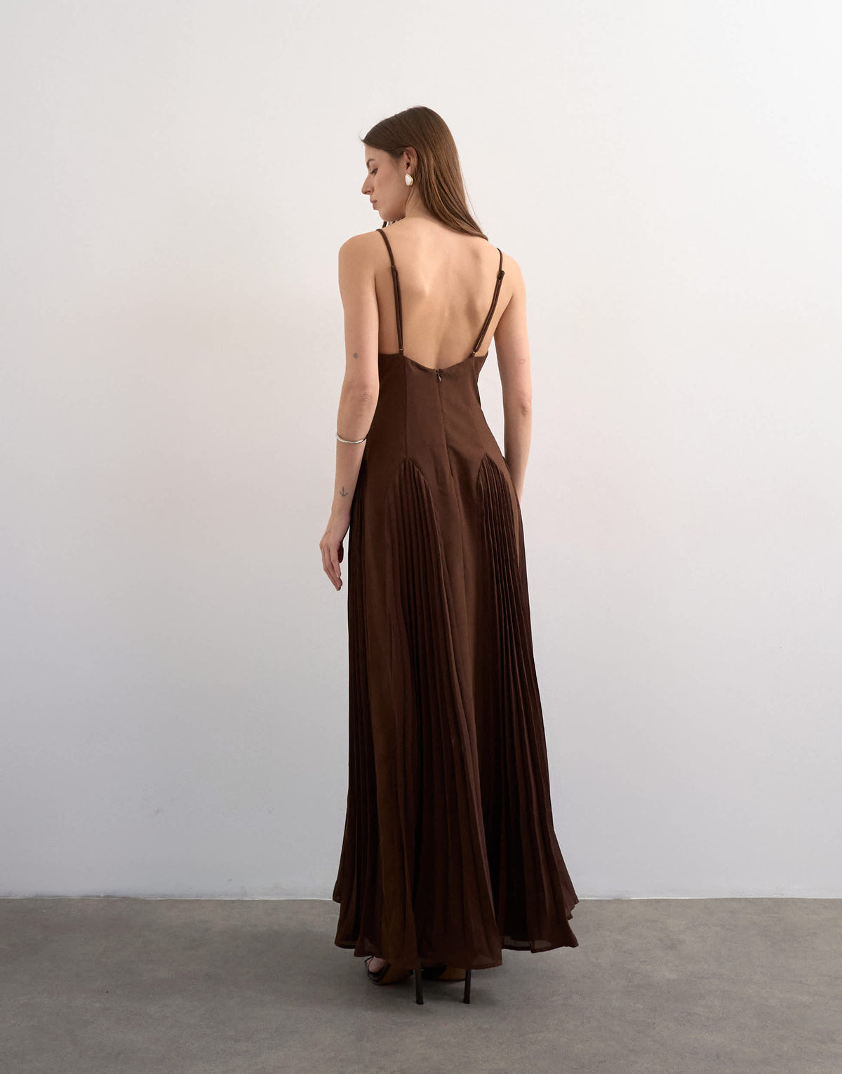 Topshop premium pleated high godet maxi dress in brown