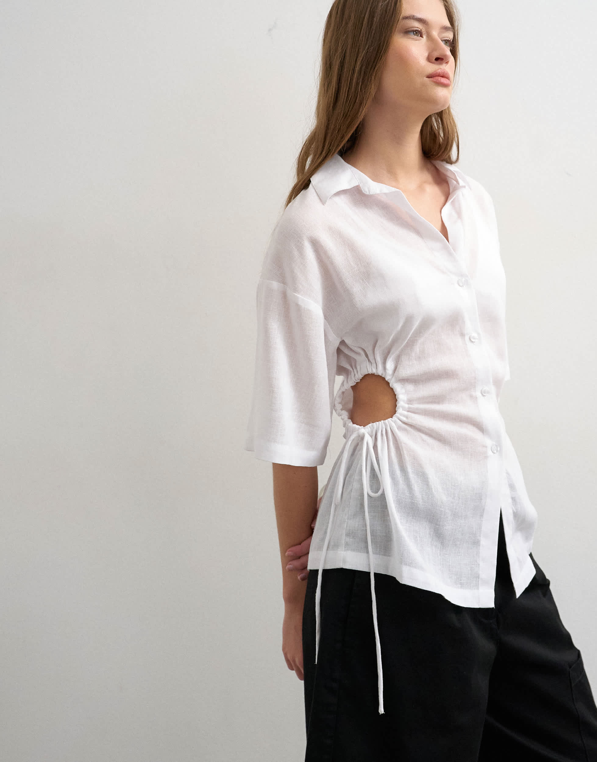 Topshop short sleeve fitted shirt with gathered waist in white