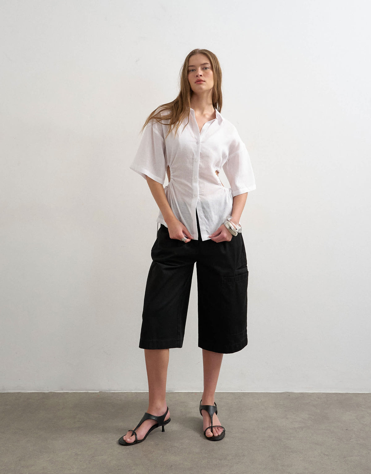 Topshop short sleeve fitted shirt with gathered waist in white