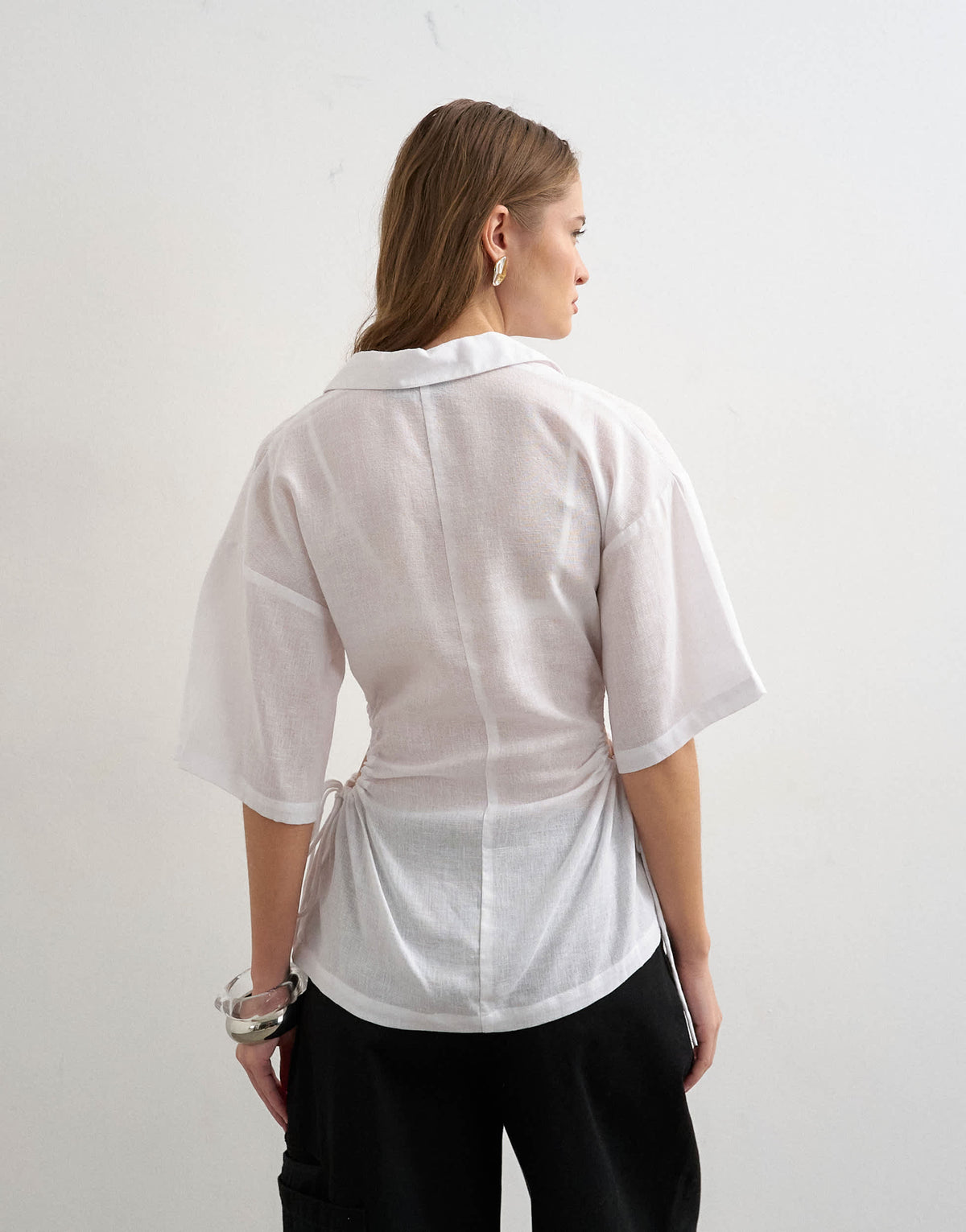 Topshop short sleeve fitted shirt with gathered waist in white