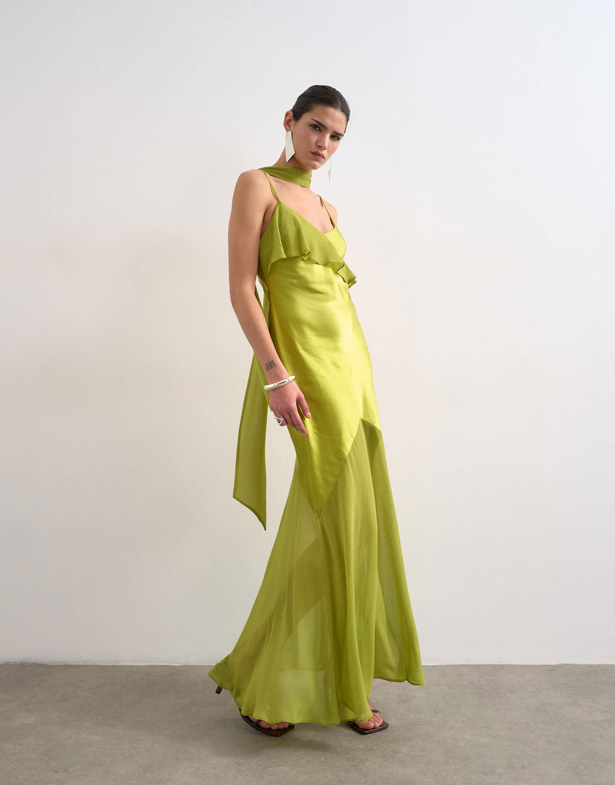 Topshop mixed fabric ruffle detail maxi slip dress in green