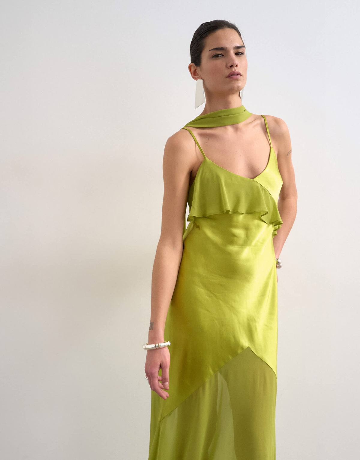 Topshop mixed fabric ruffle detail maxi slip dress in green