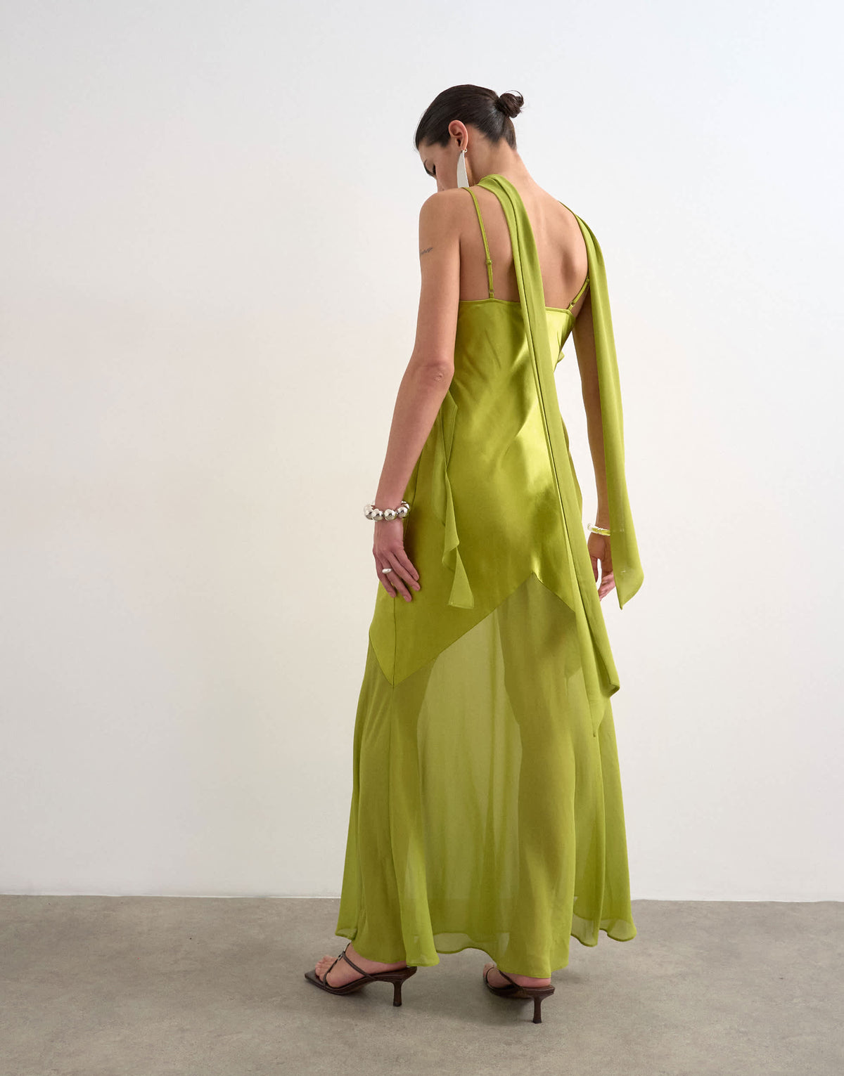 Topshop mixed fabric ruffle detail maxi slip dress in green
