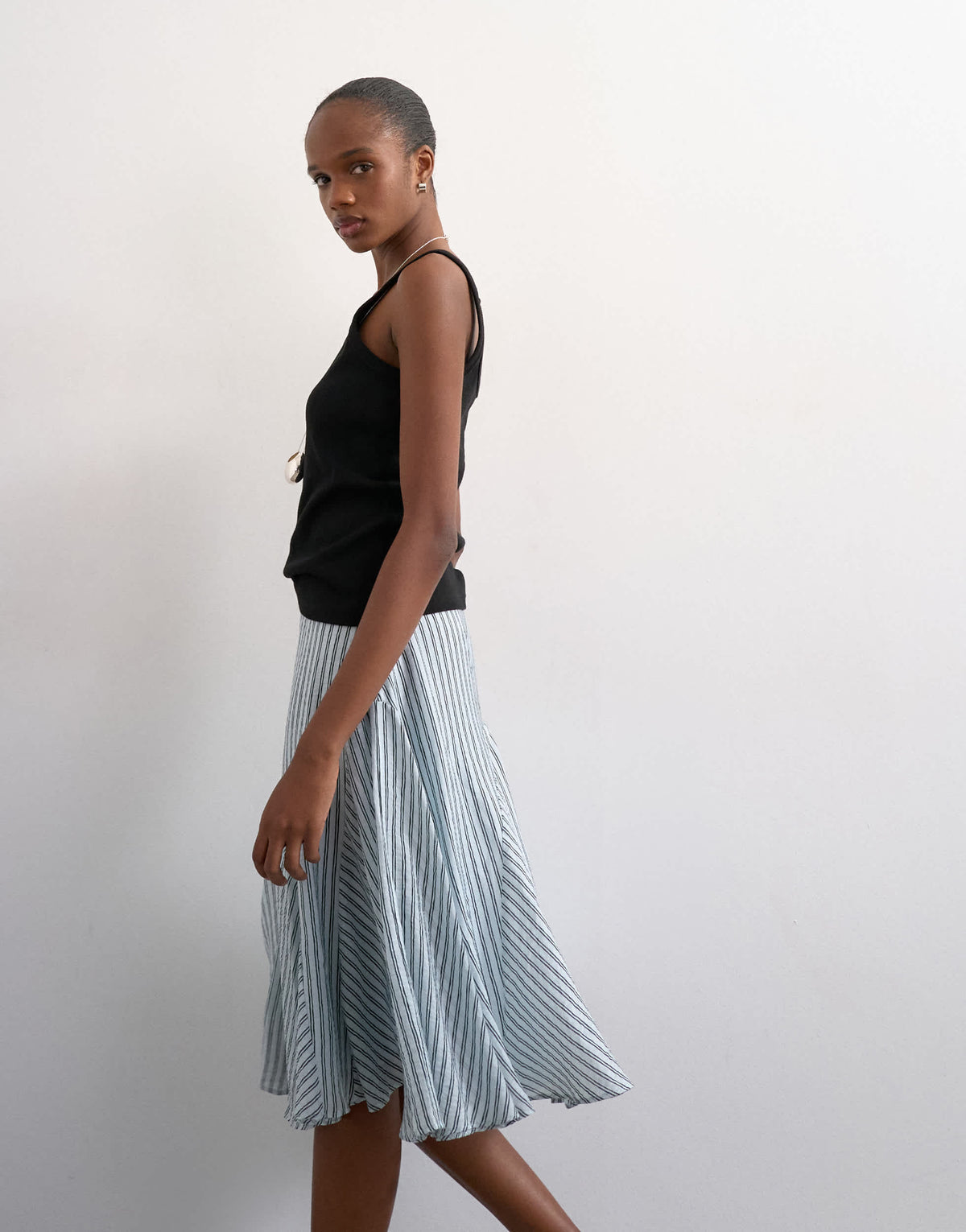 Topshop drop waist godet hem crinkle skirt in mono stripe