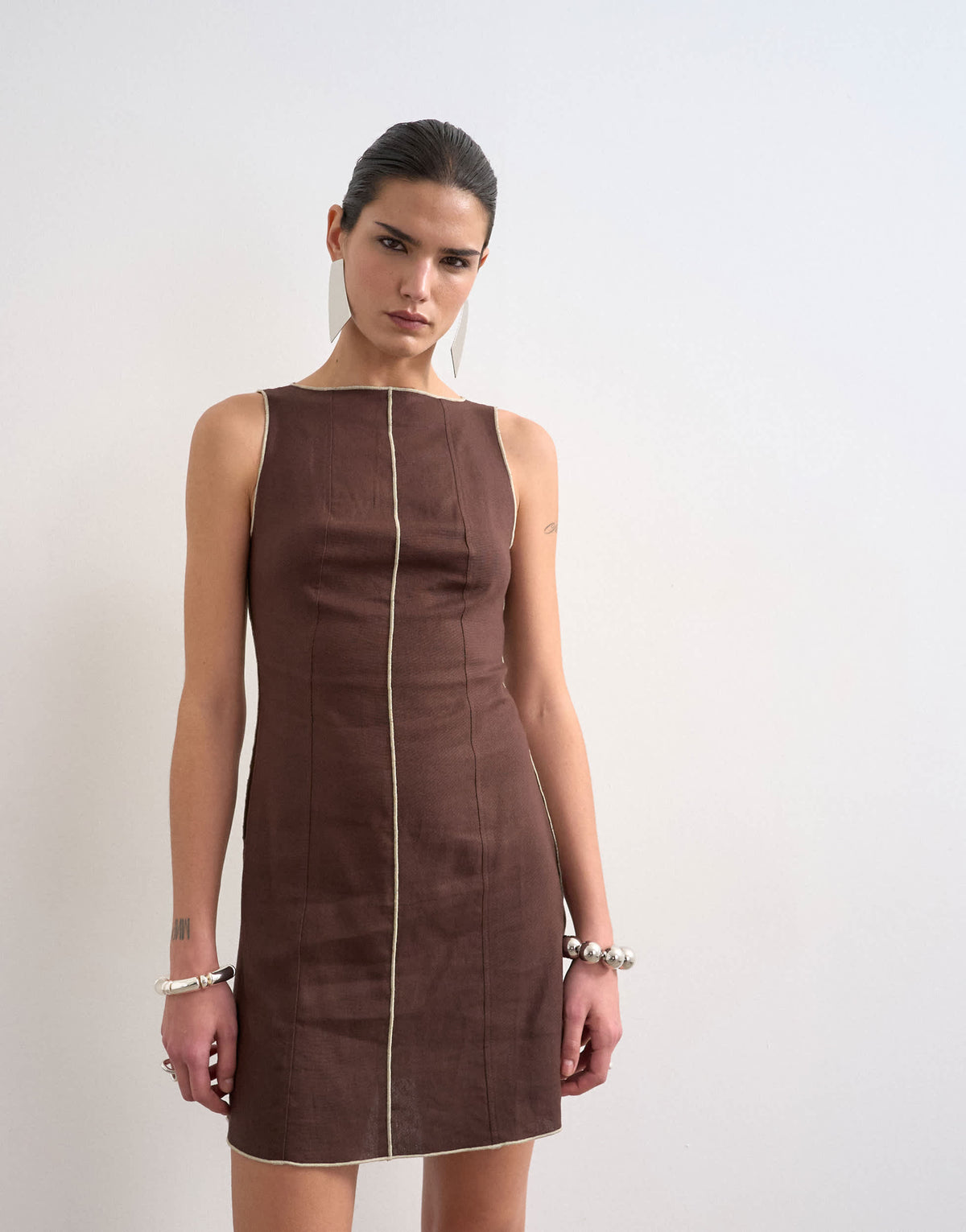Topshop linen rich mini shift dress in brown with top stitch