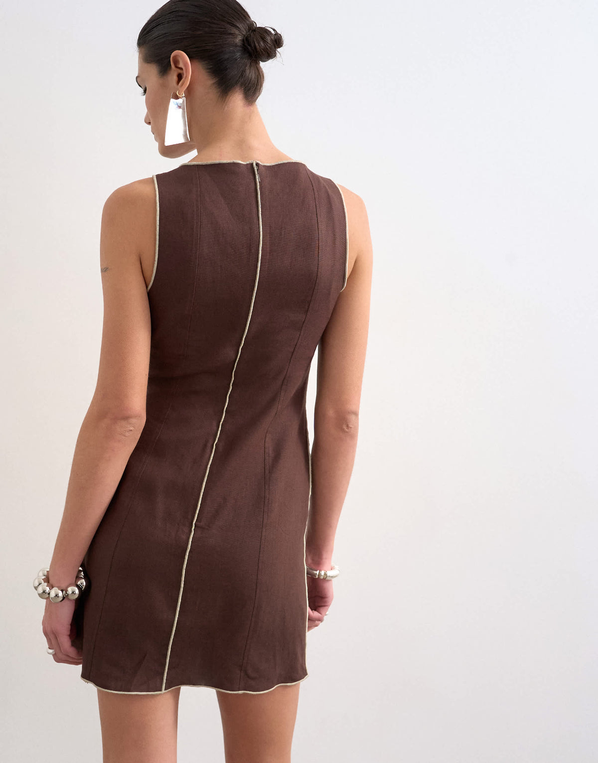 Topshop linen rich mini shift dress in brown with top stitch