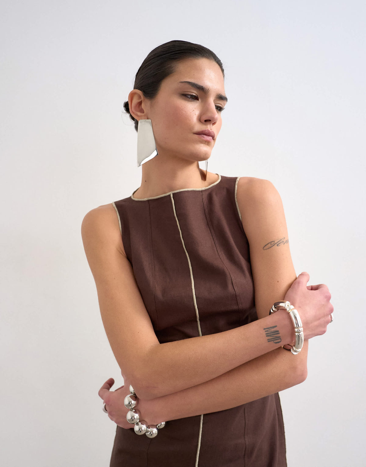 Topshop linen rich mini shift dress in brown with top stitch