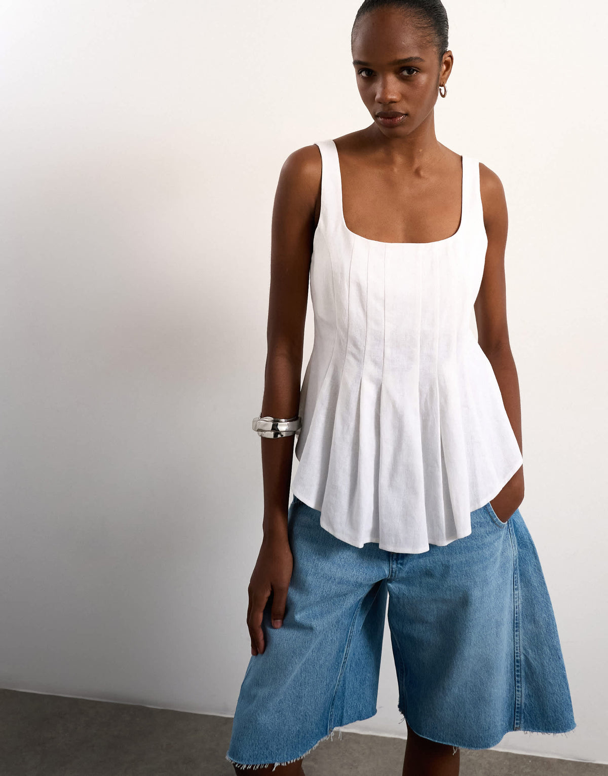 Topshop curve hem linen top in ivory