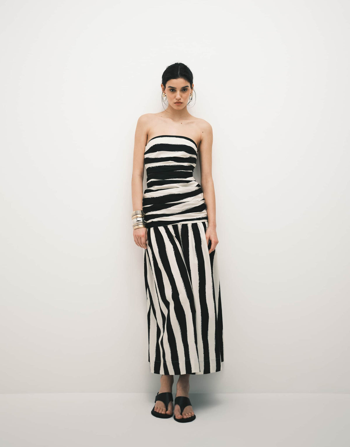 Topshop poplin dropped waist bandeau maxi dress in thick mono stripe