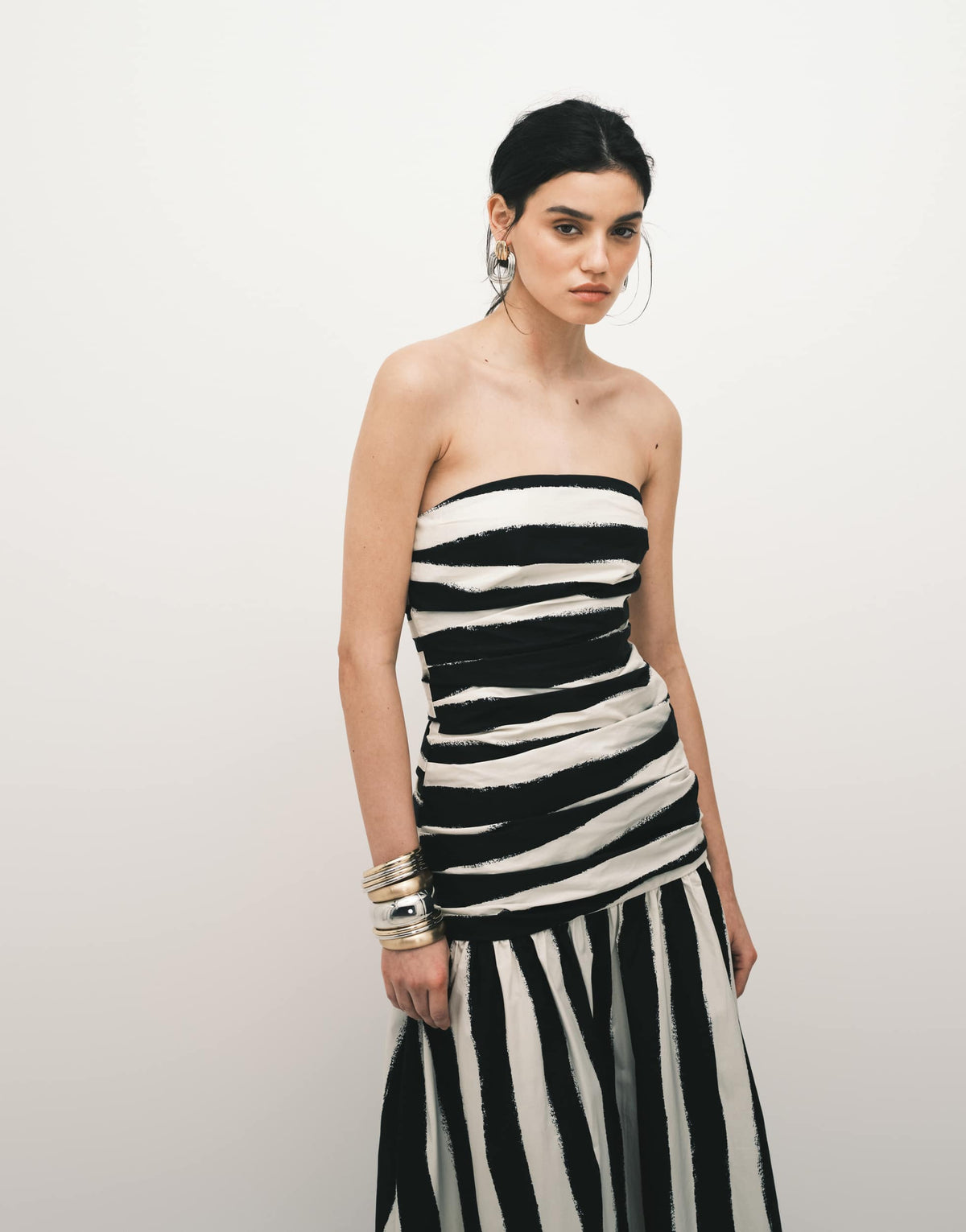 Topshop poplin dropped waist bandeau maxi dress in thick mono stripe