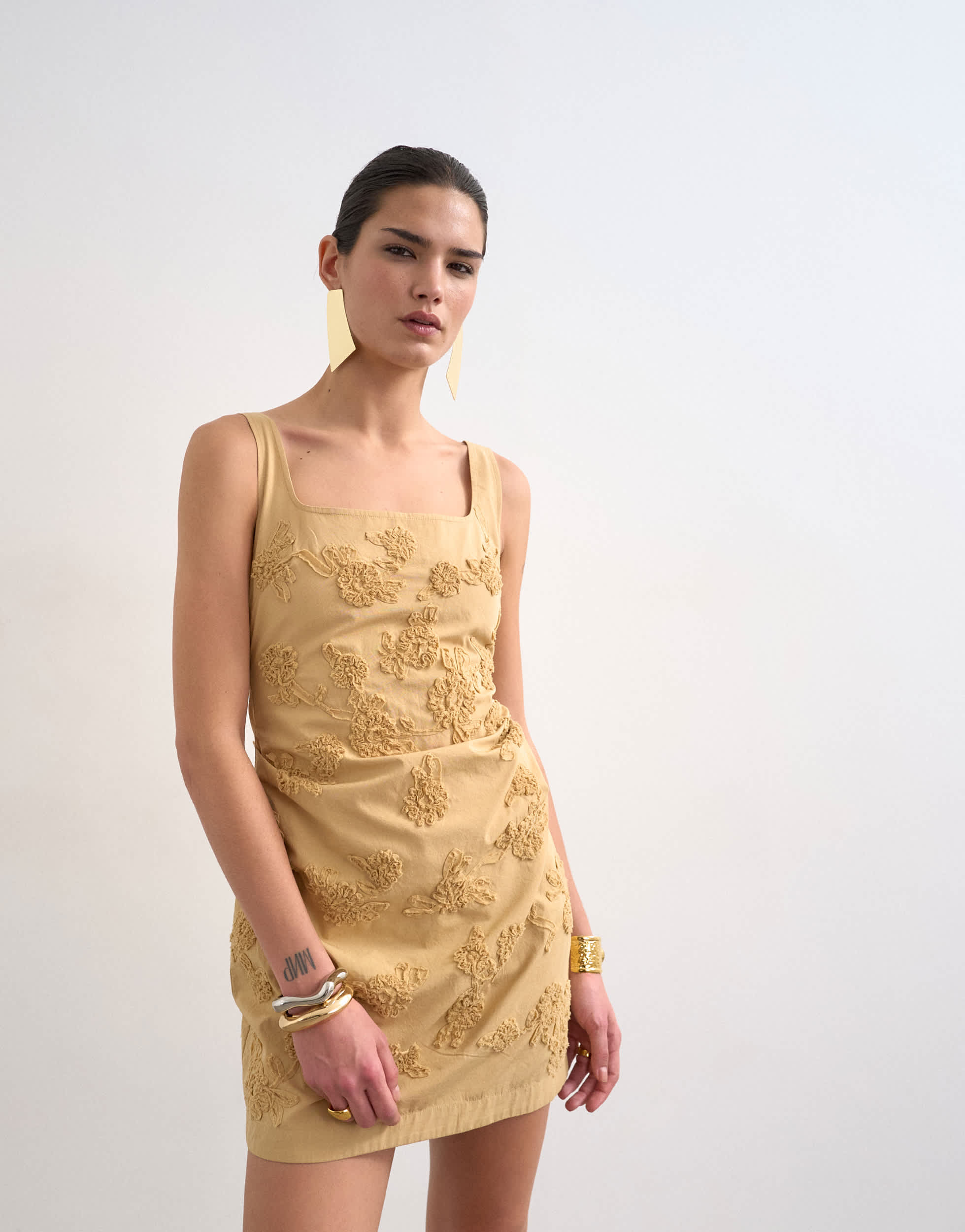 Topshop structured drape mini dress with 3D flowers in beige