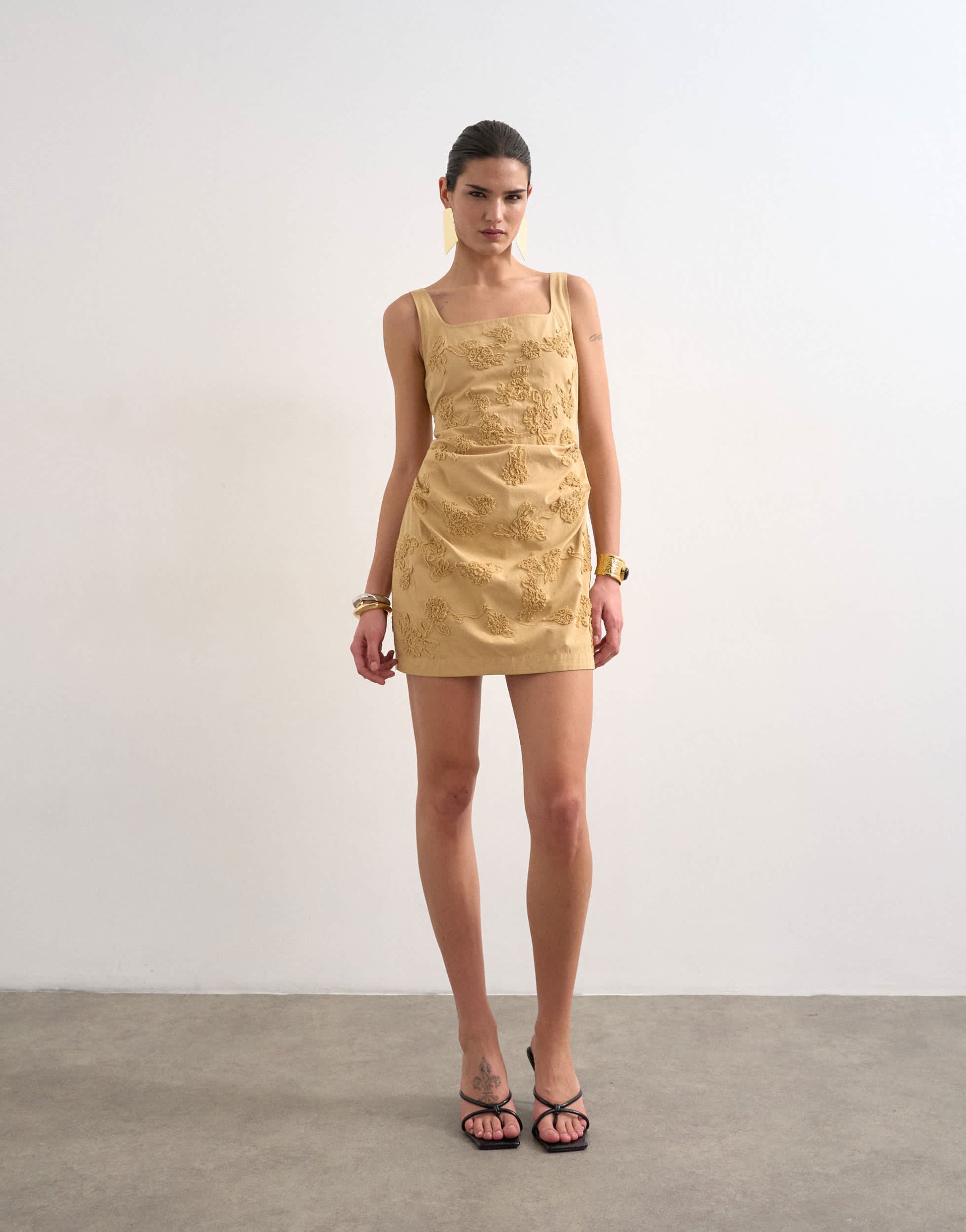 Topshop structured drape mini dress with 3D flowers in beige
