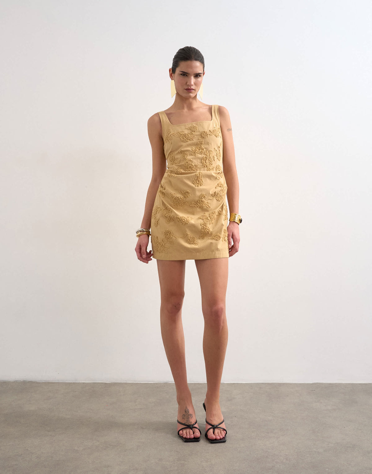 Topshop structured drape mini dress with 3D flowers in beige