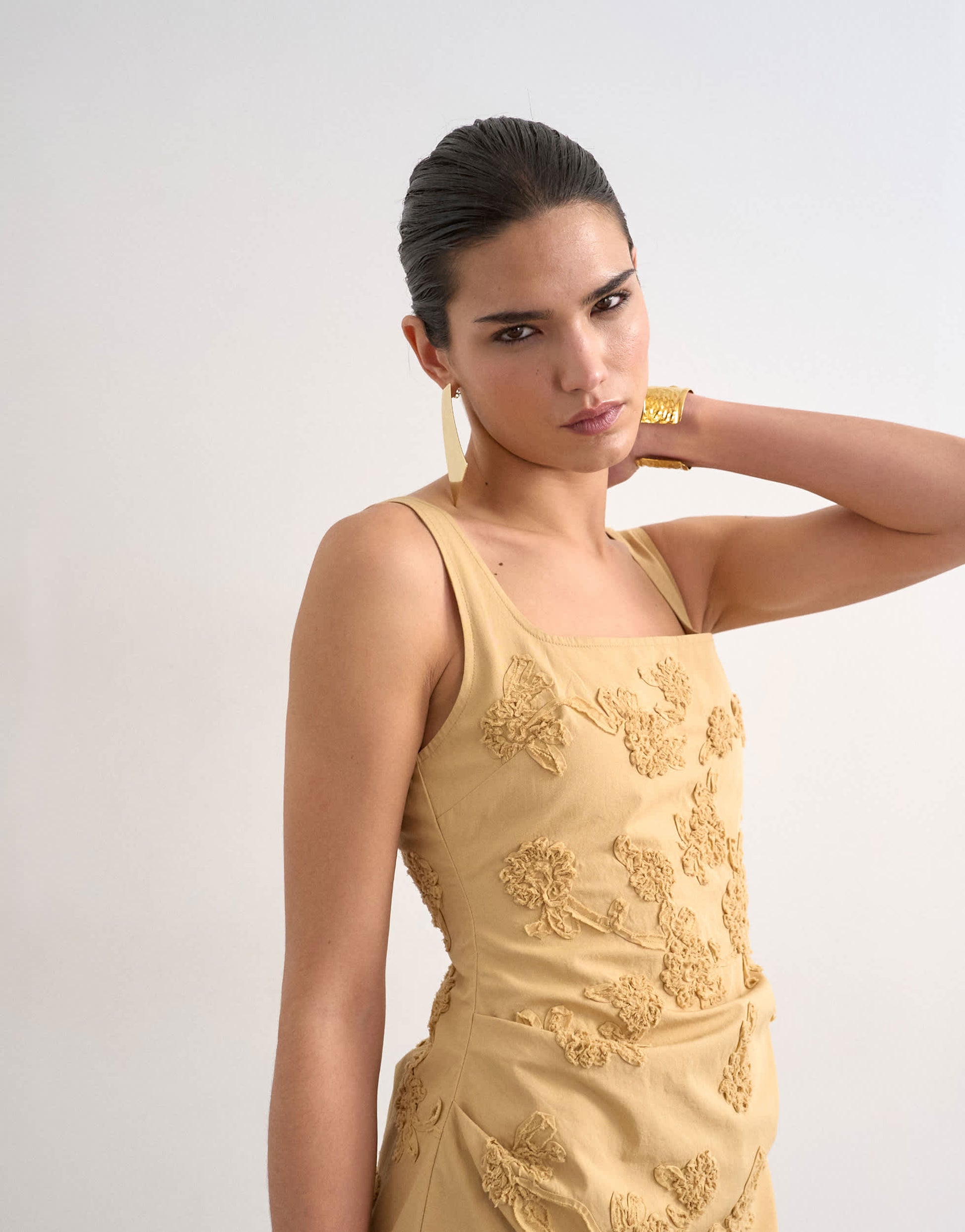 Topshop structured drape mini dress with 3D flowers in beige