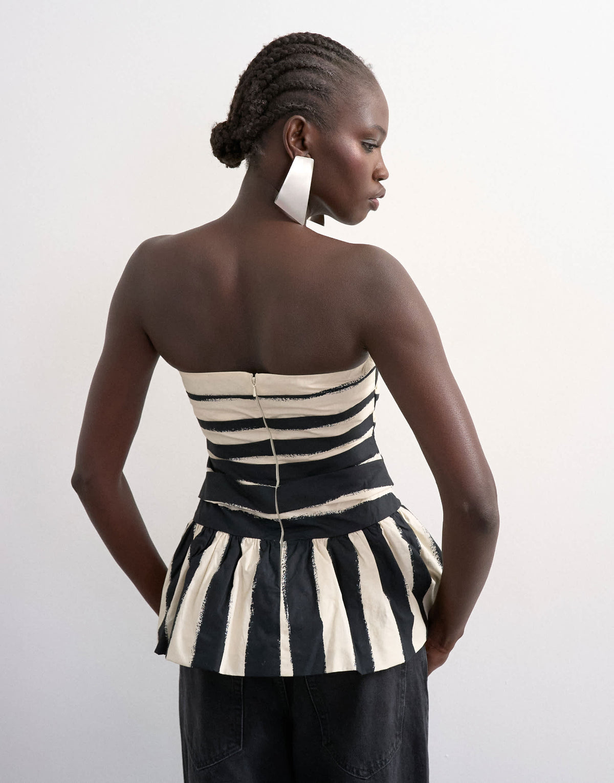 Topshop gathered bust bandeau with peplum hem in mono stripe