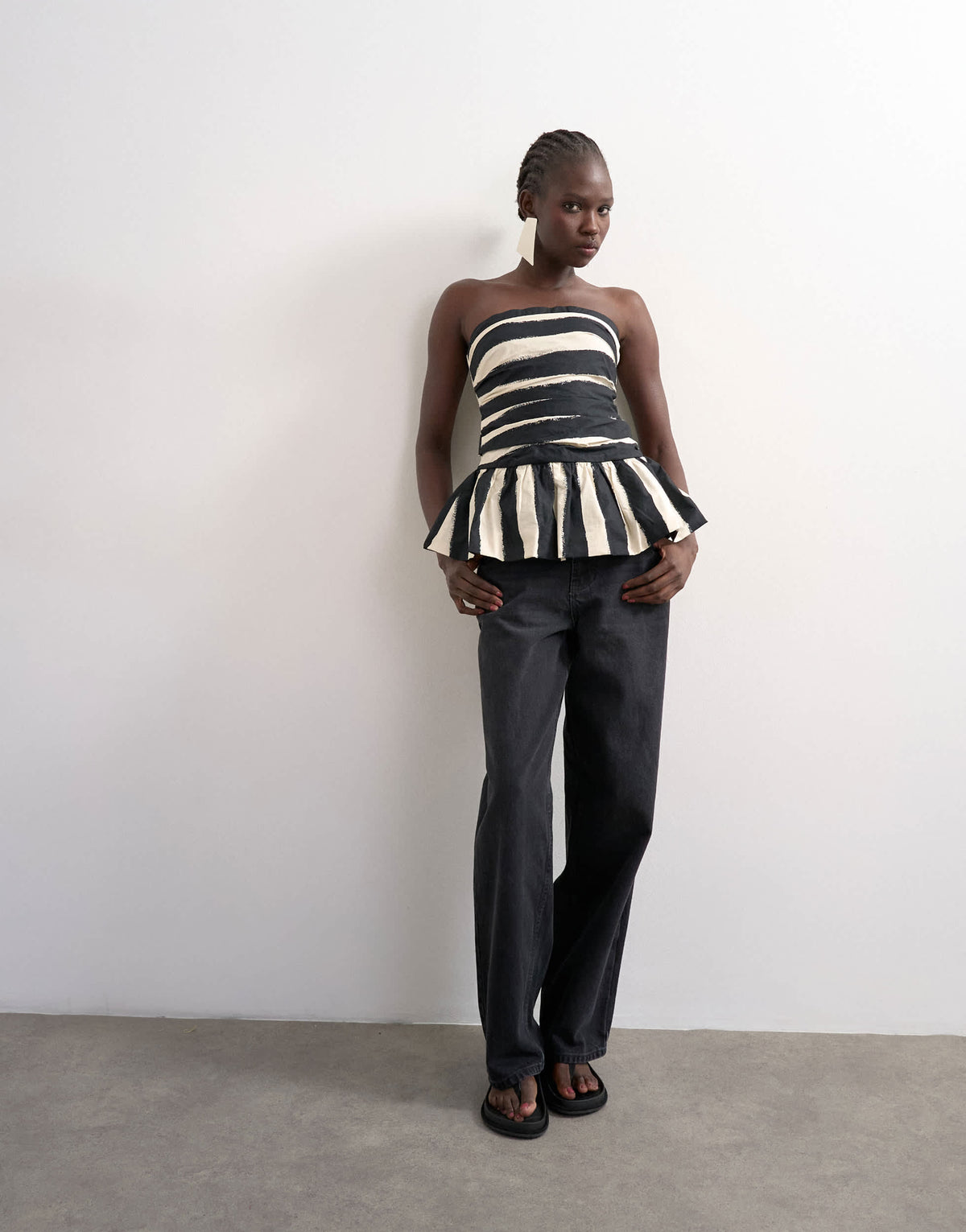 Topshop gathered bust bandeau with peplum hem in mono stripe