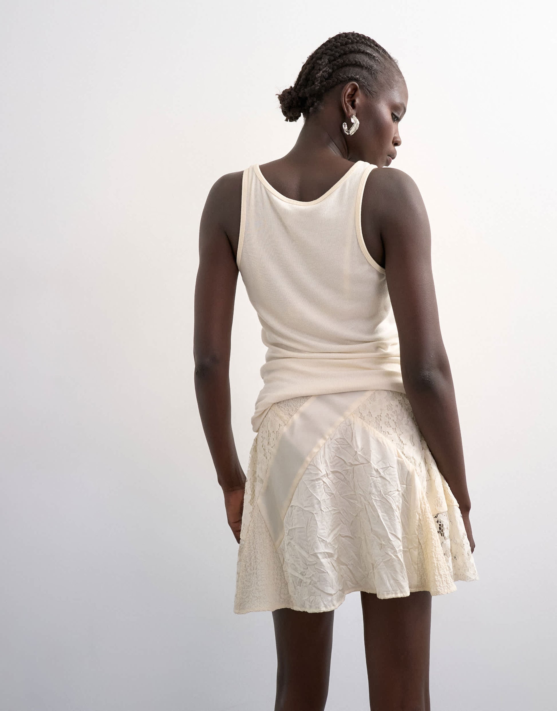 Topshop mixed fabric satin flippy mini skirt in ivory