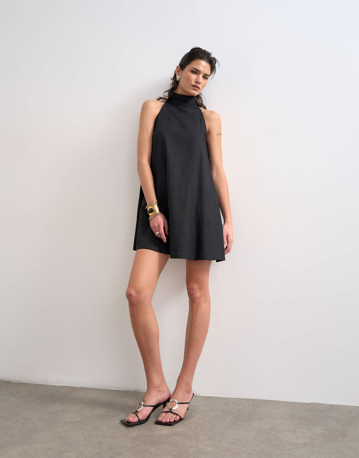 Topshop linen rich high neck trapeze mini dress in black