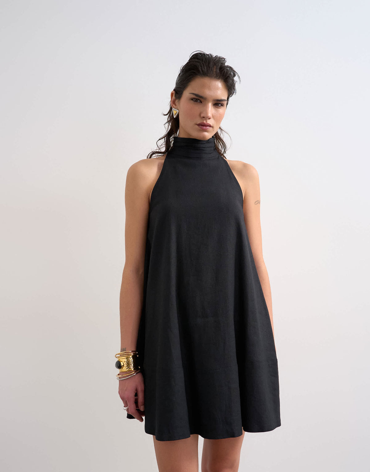 Topshop linen rich high neck trapeze mini dress in black