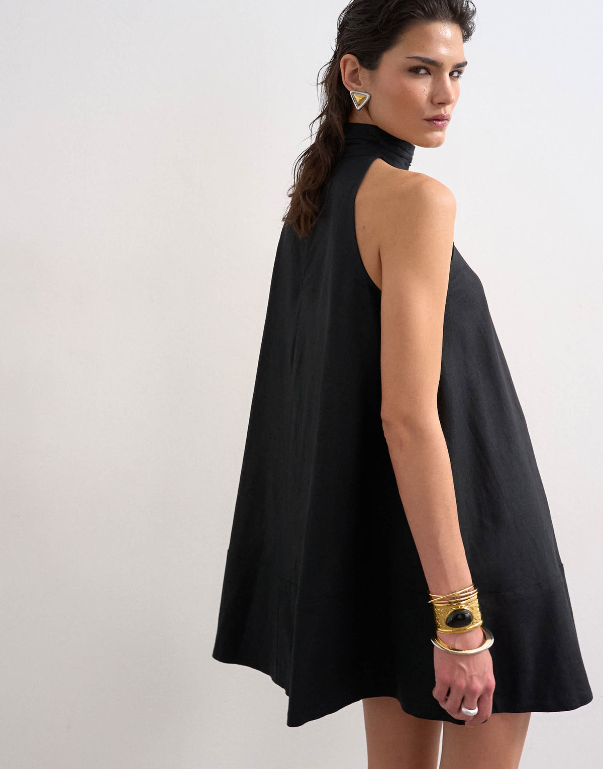 Topshop linen rich high neck trapeze mini dress in black