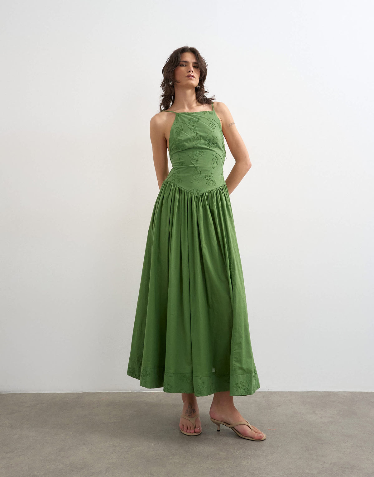 Topshop deep v back strappy midi sundress with cording in green