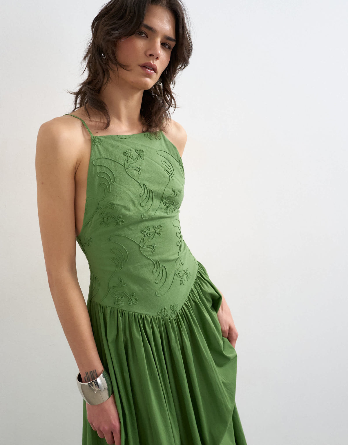 Topshop deep v back strappy midi sundress with cording in green