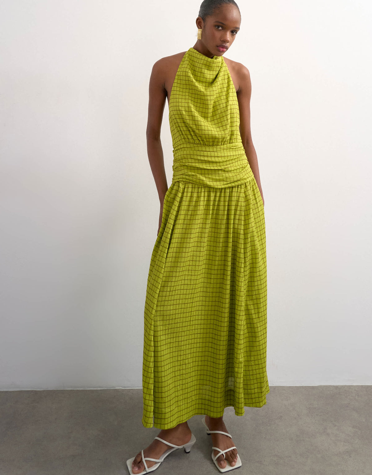 Topshop dropped waist halter maxi dress in brown and lime check