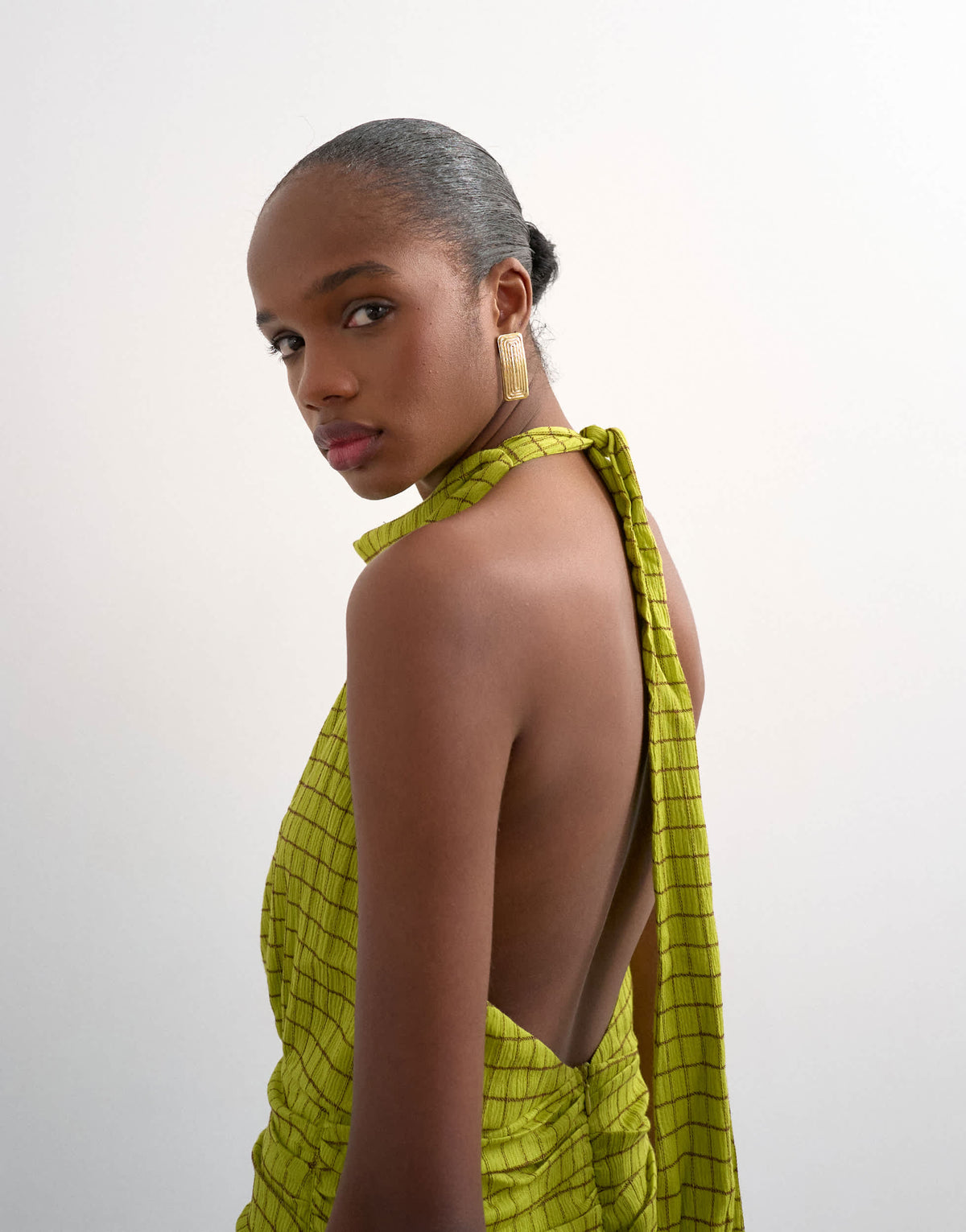 Topshop dropped waist halter maxi dress in brown and lime check