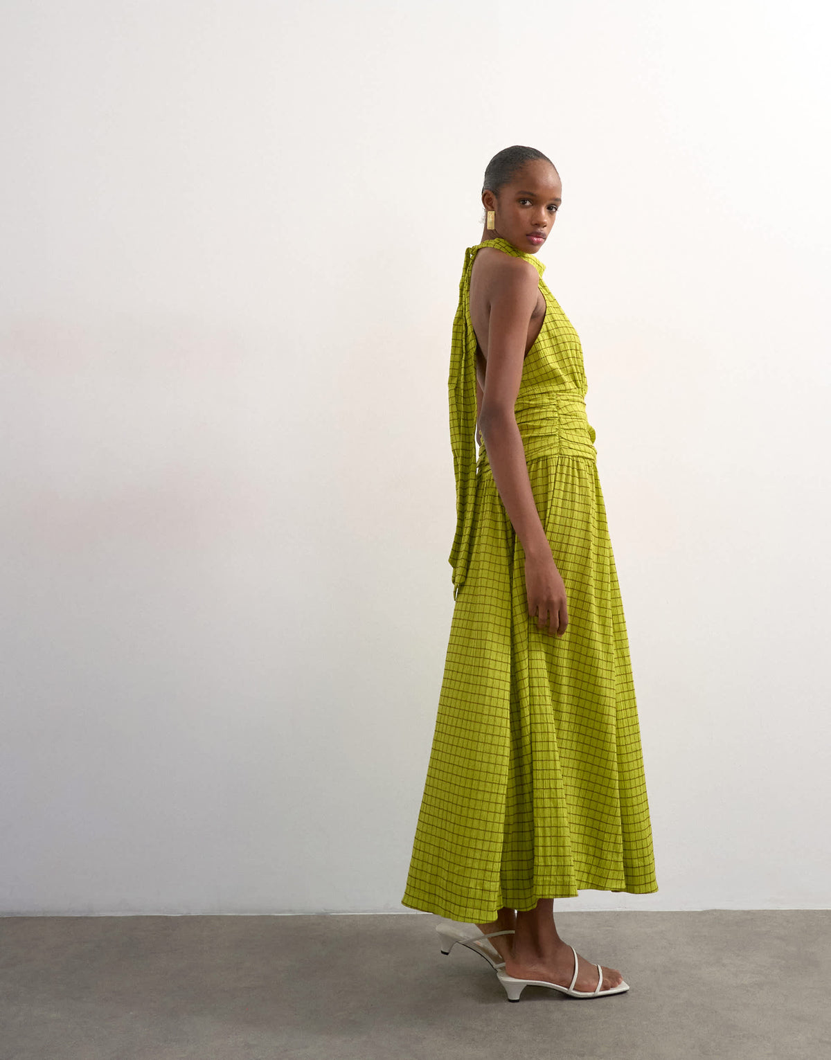Topshop dropped waist halter maxi dress in brown and lime check