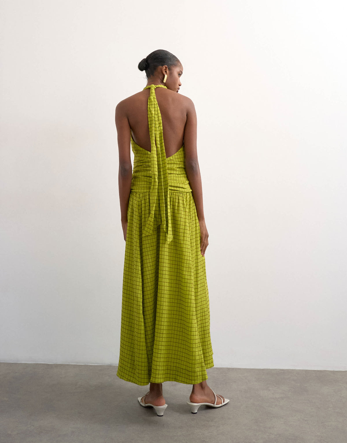Topshop dropped waist halter maxi dress in brown and lime check