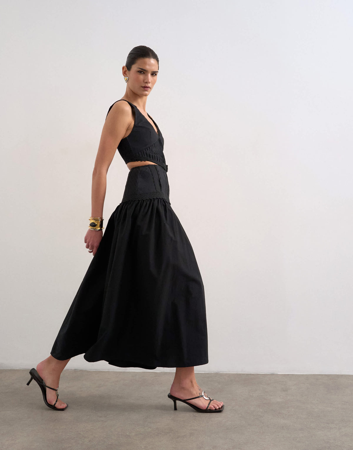 Topshop deep v maxi pinny dress with heavy embroidery in black