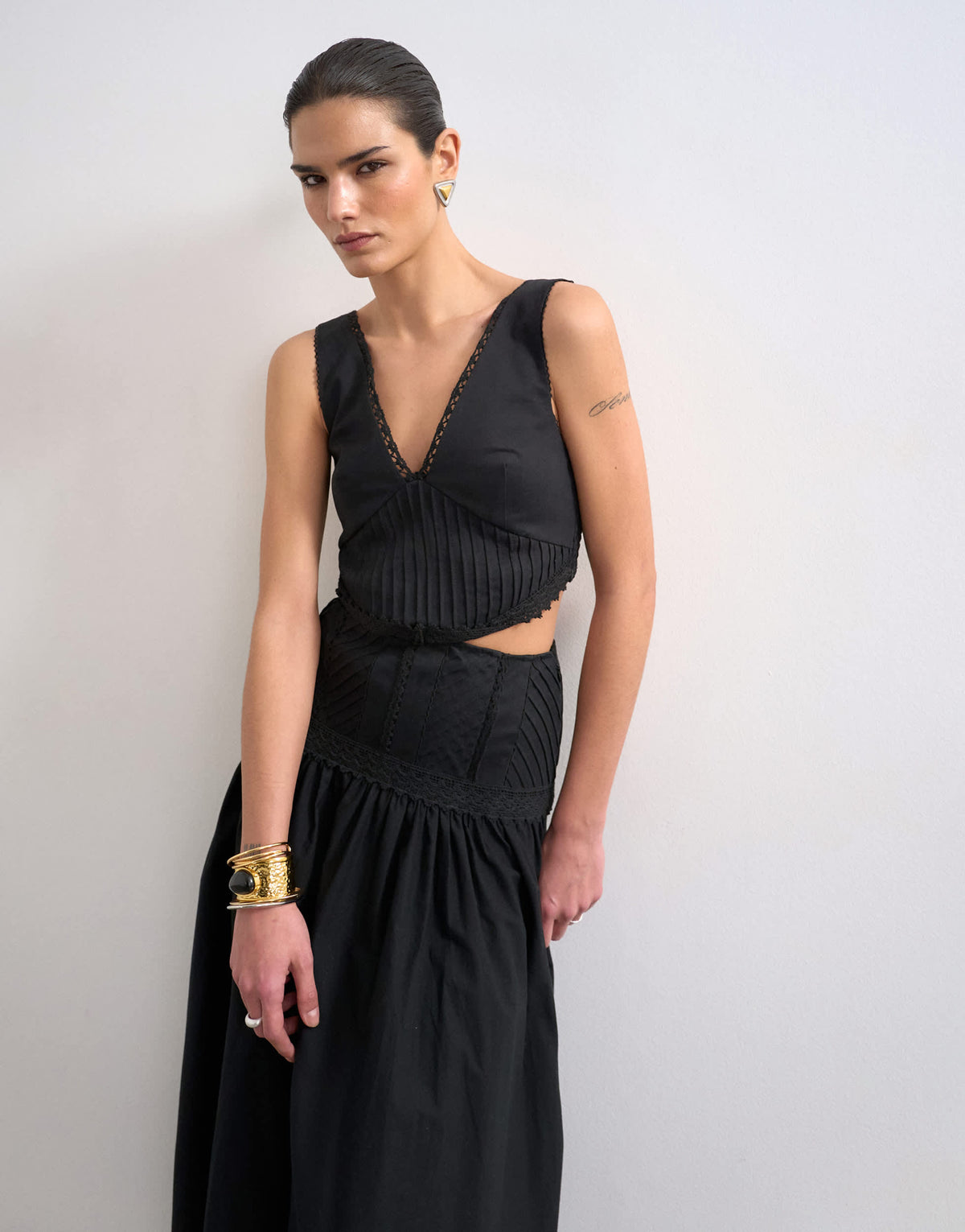 Topshop deep v maxi pinny dress with heavy embroidery in black