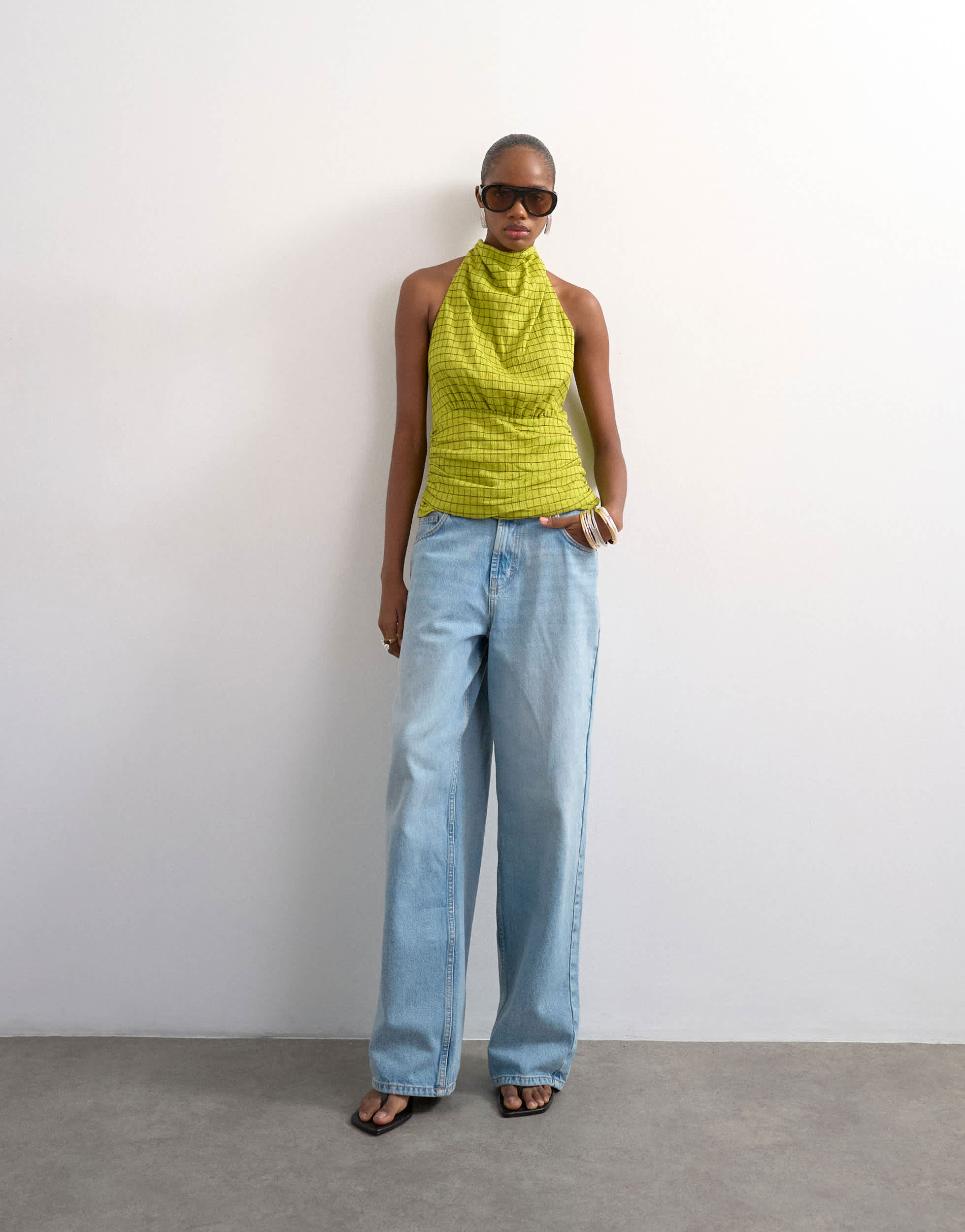 Topshop soft funnel halter neck top in green check