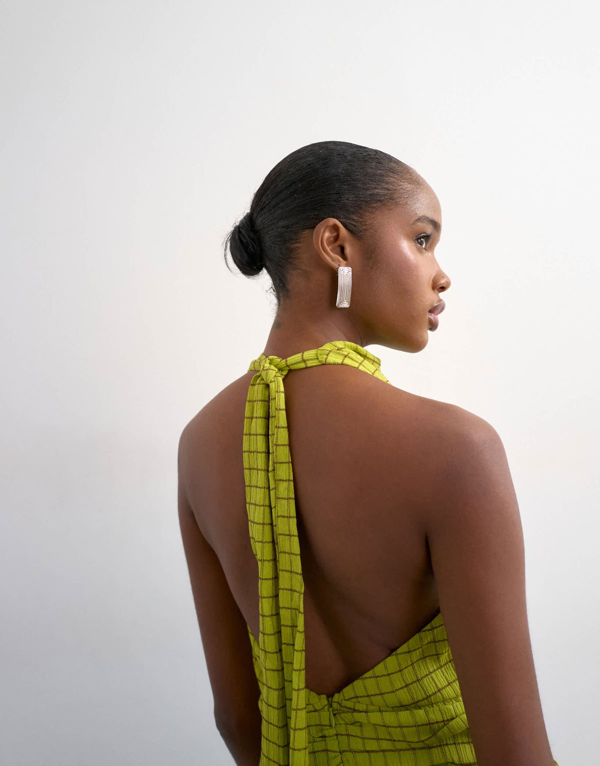 Topshop soft funnel halter neck top in green check