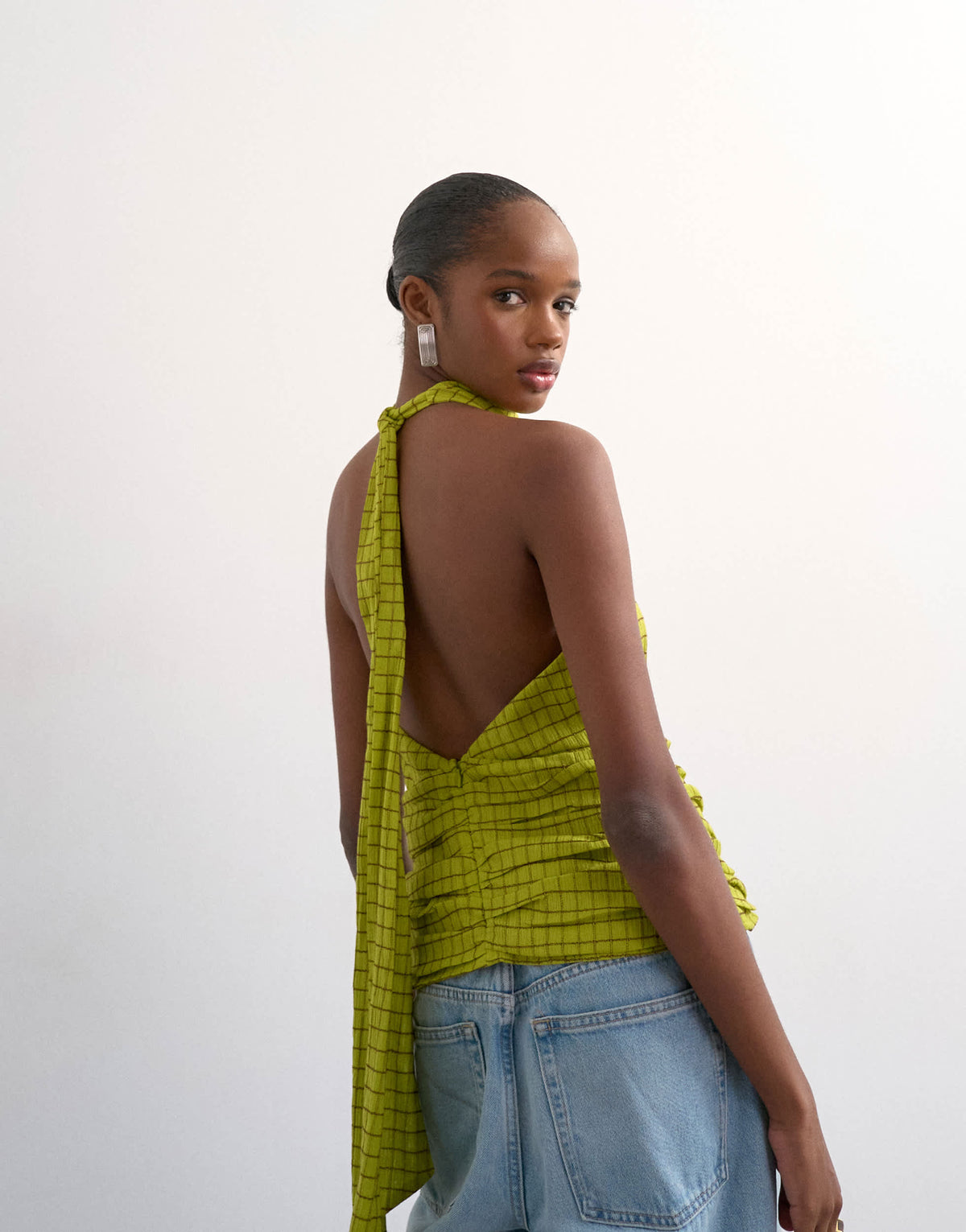 Topshop soft funnel halter neck top in green check