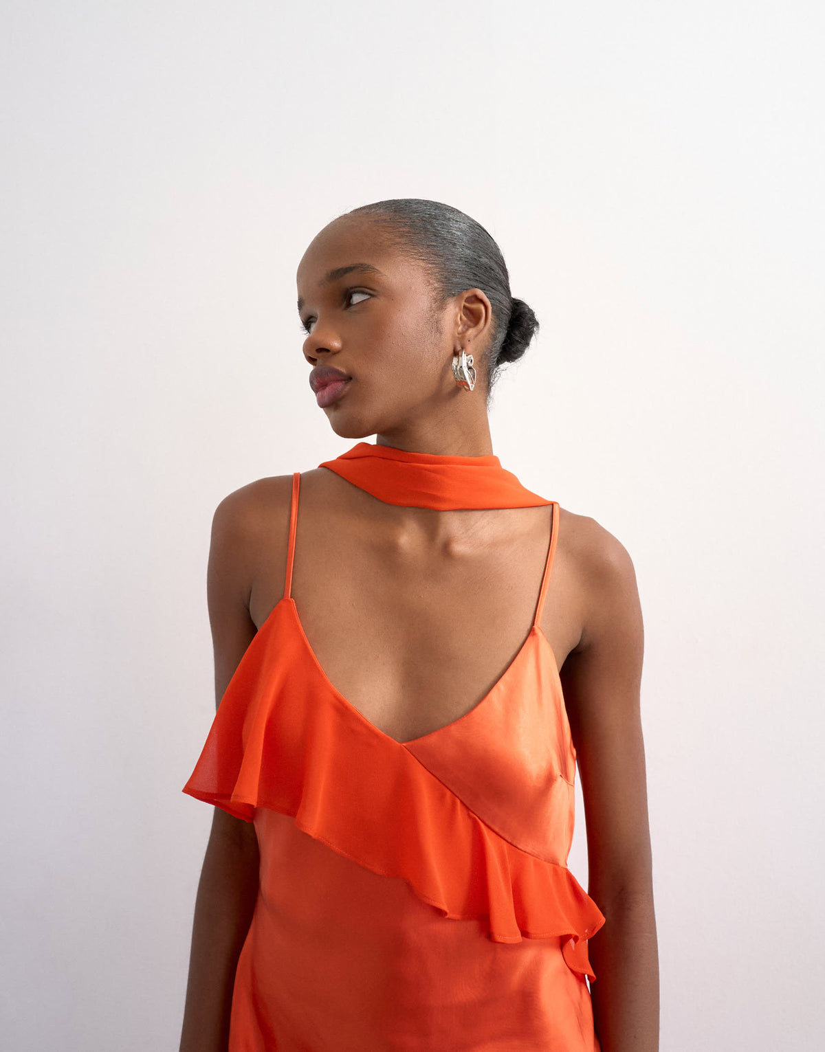 Topshop mixed fabric ruffle detail maxi slip in rust