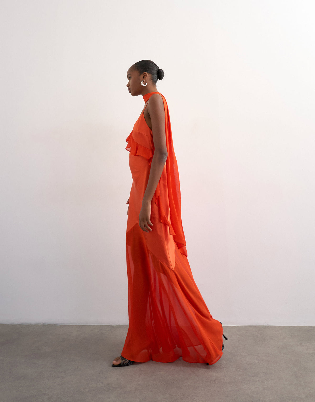 Topshop mixed fabric ruffle detail maxi slip in rust
