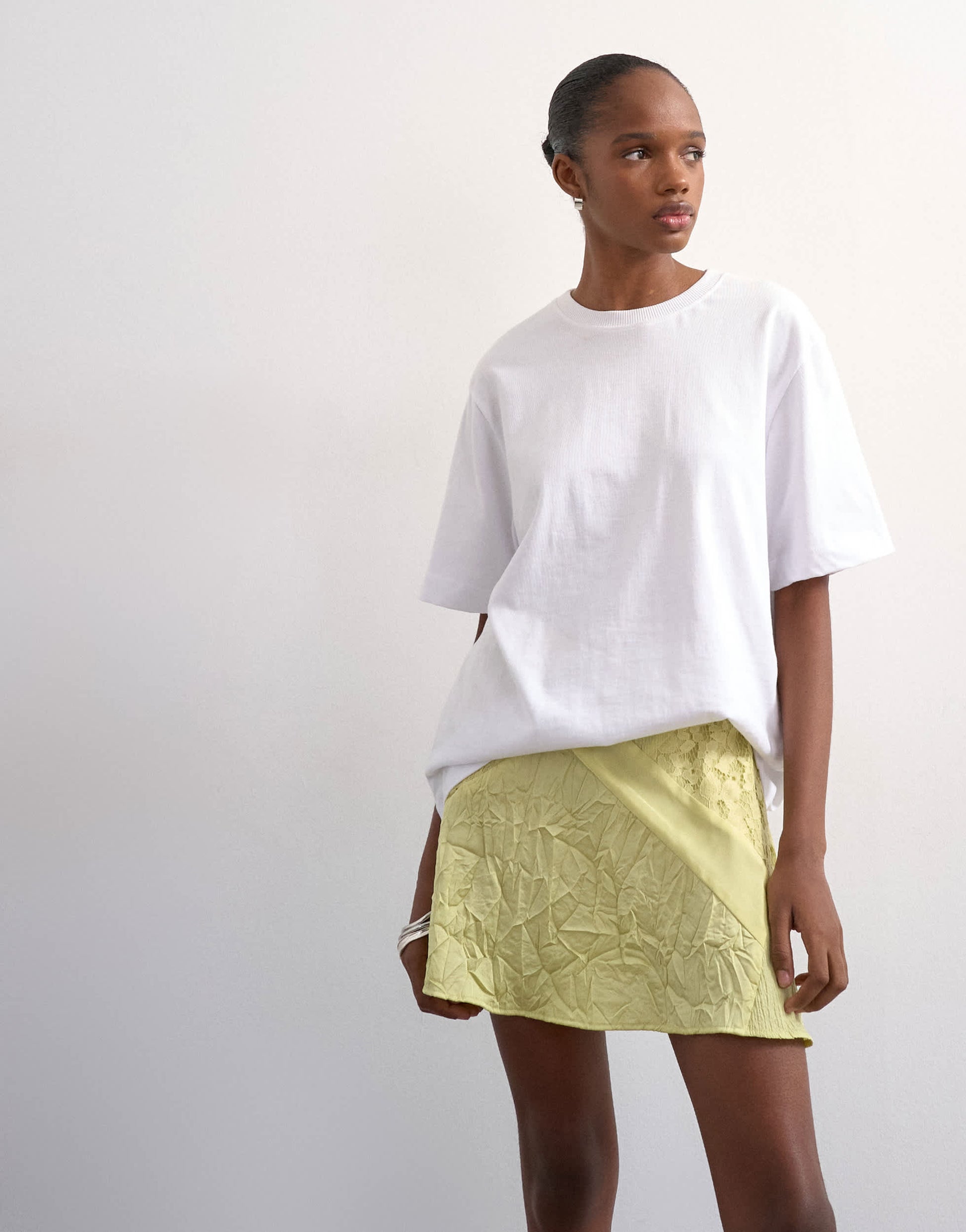 Topshop mixed fabric satin flippy mini skirt in soft lime