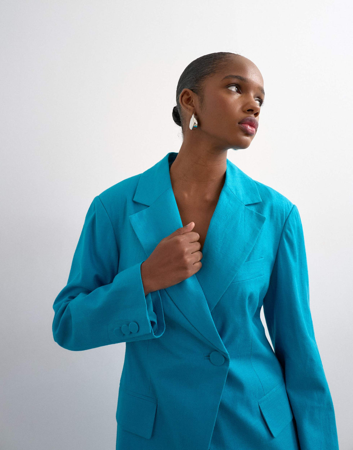 Topshop linen blend co ord occasion strong shoulder cinched waist blazer in turquoise