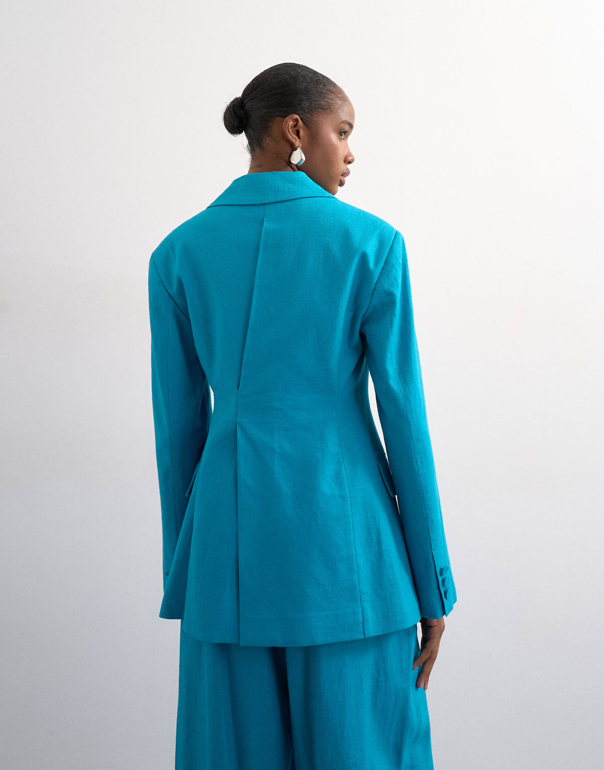 Topshop linen blend co ord occasion strong shoulder cinched waist blazer in turquoise