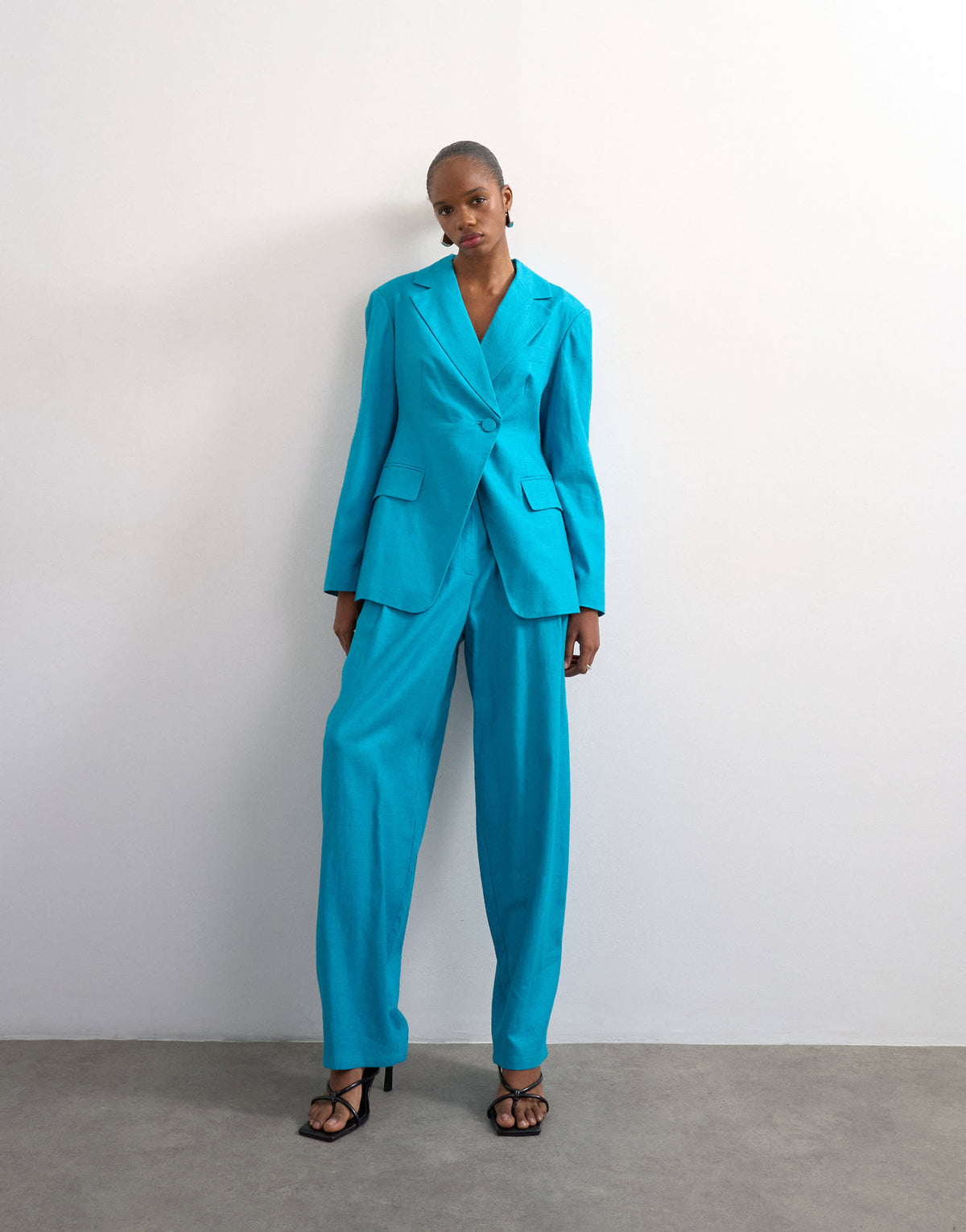 Topshop linen blend co ord occasion strong shoulder cinched waist blazer in turquoise