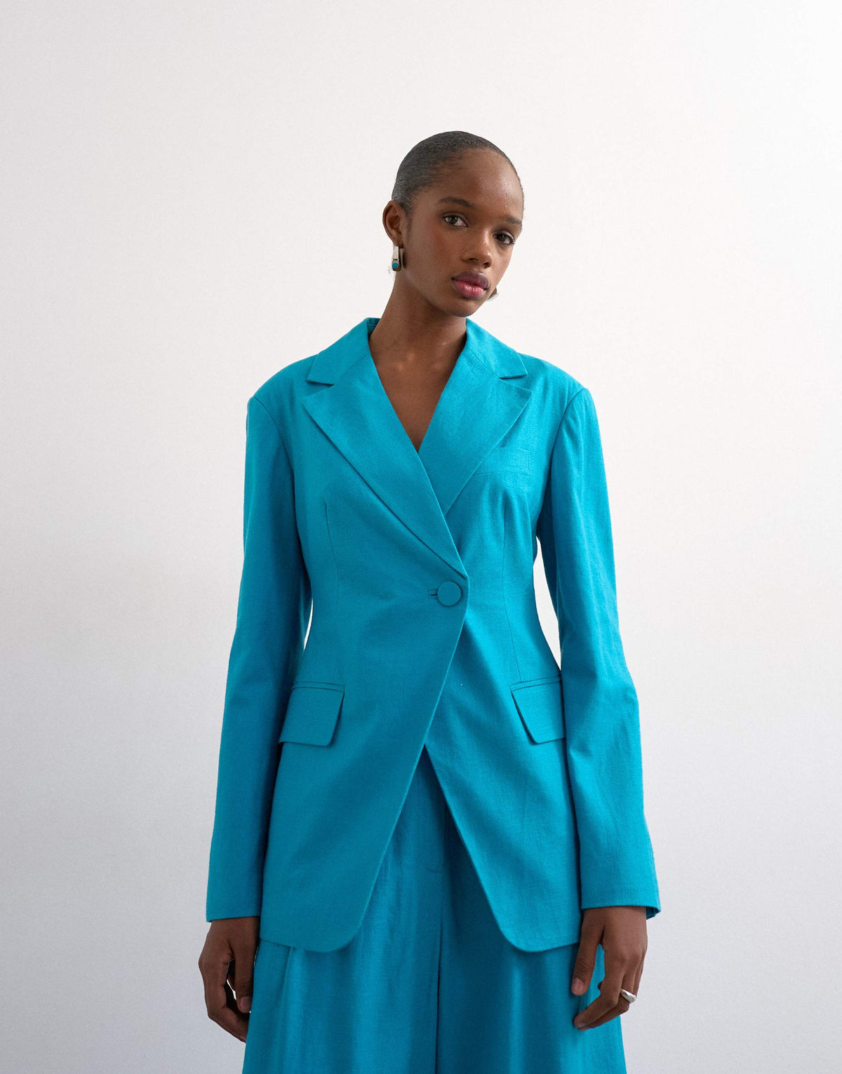 Topshop linen blend co ord occasion strong shoulder cinched waist blazer in turquoise