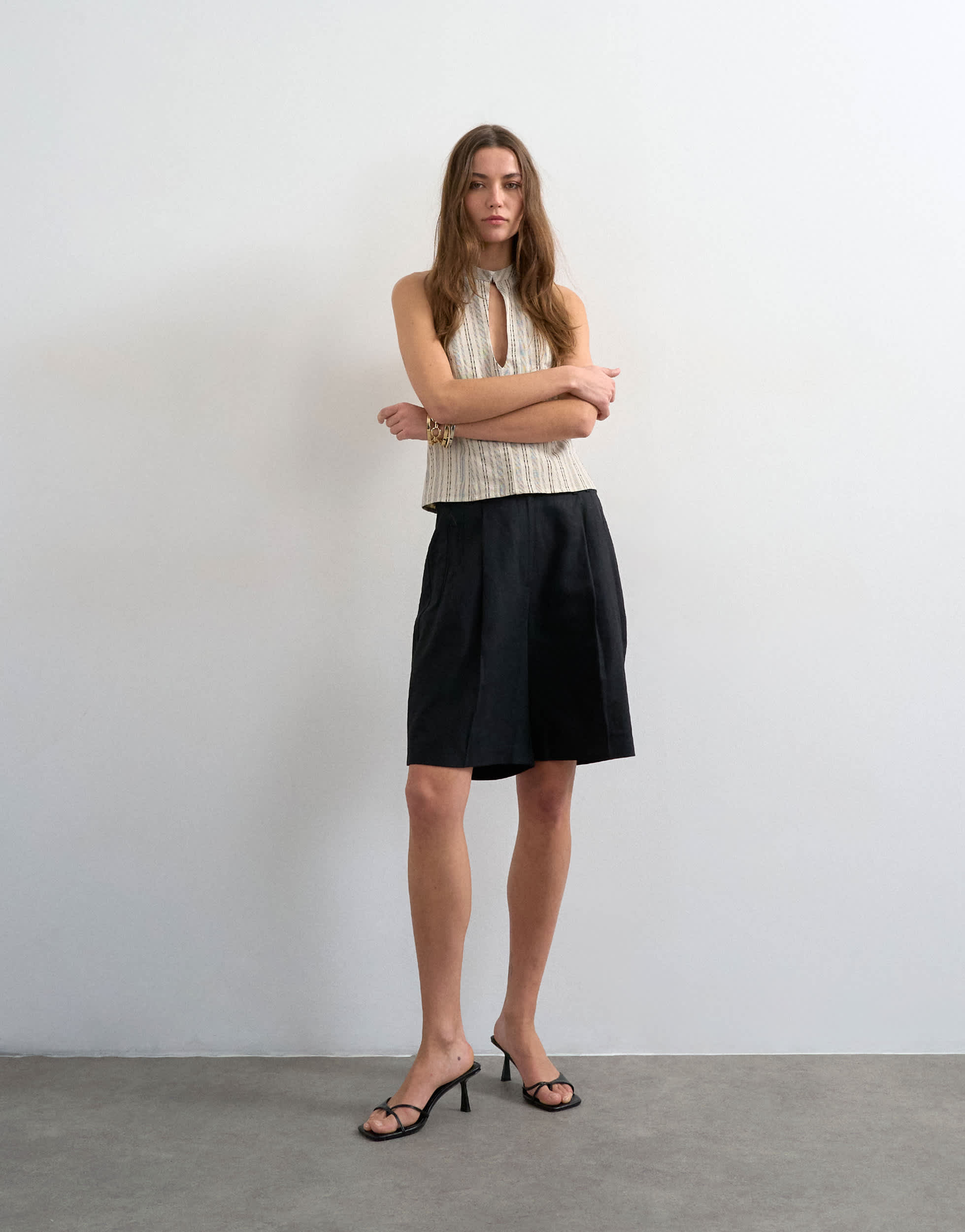 Topshop tailored linen ovoid bermuda shorts in black