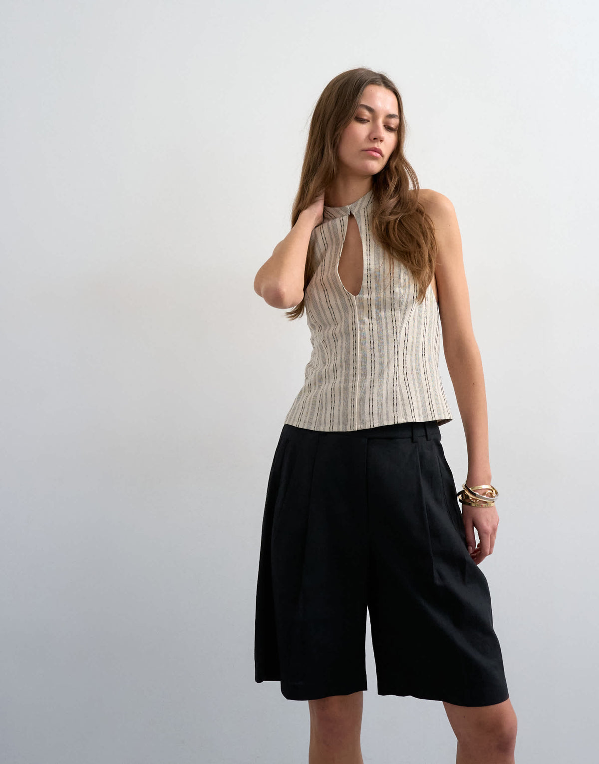 Topshop tailored linen ovoid bermuda shorts in black