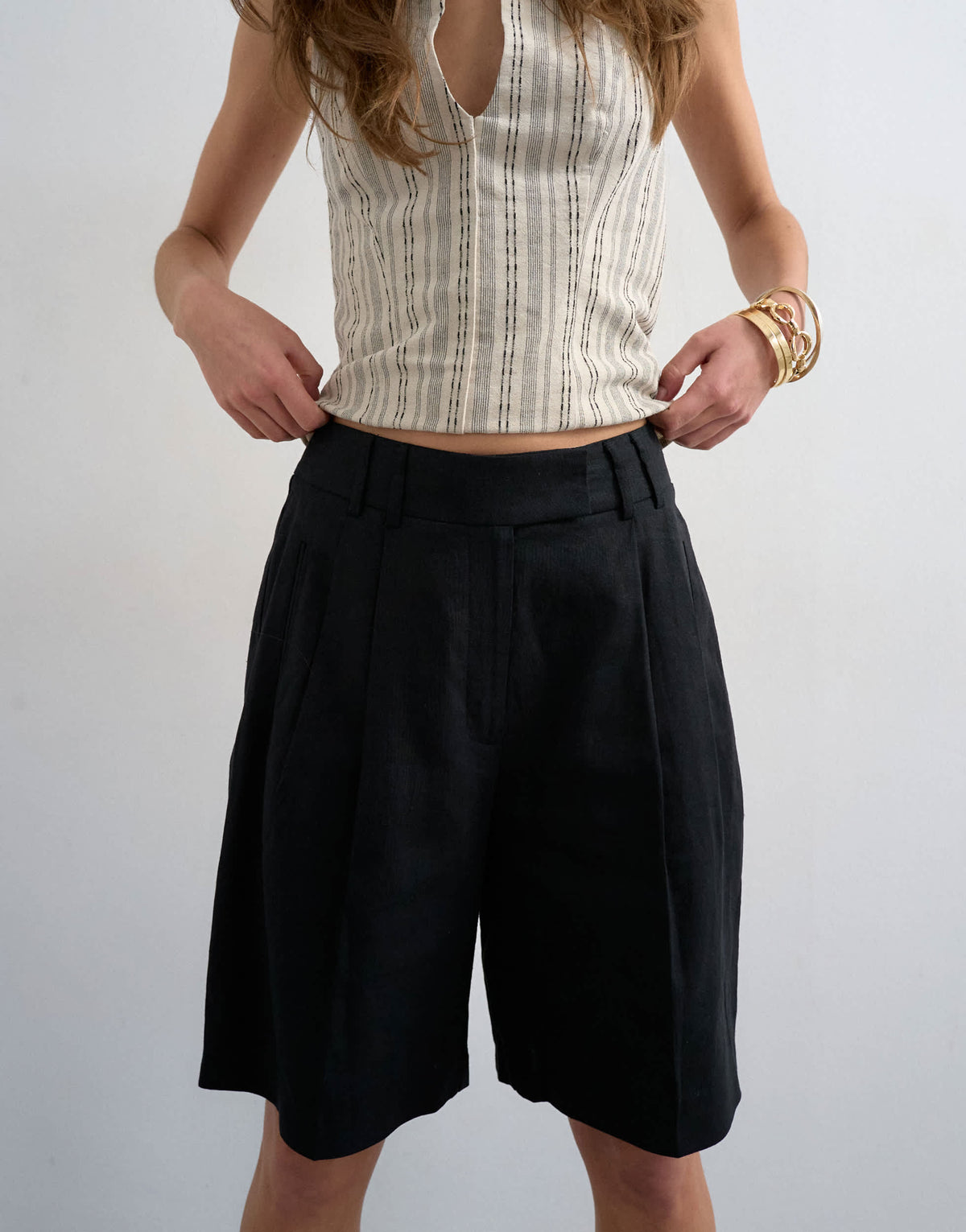 Topshop tailored linen ovoid bermuda shorts in black