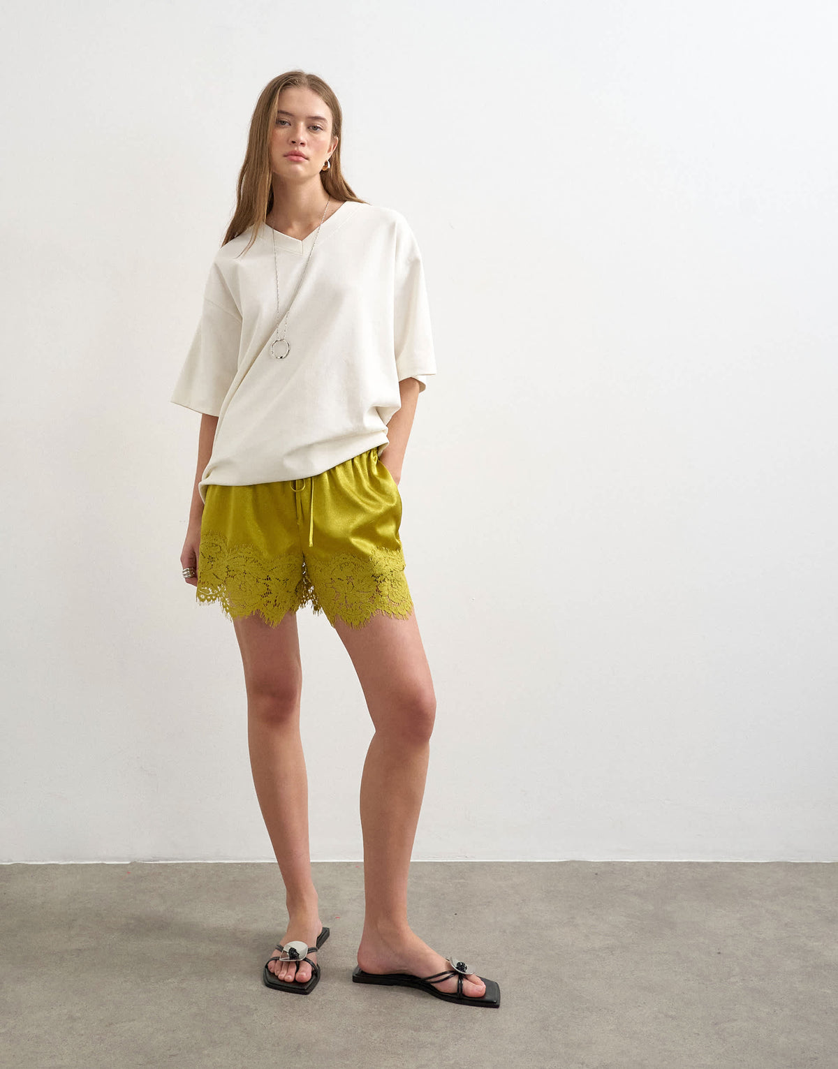 Topshop crinkle satin a-line mini short with lace trim in chartreuse 
