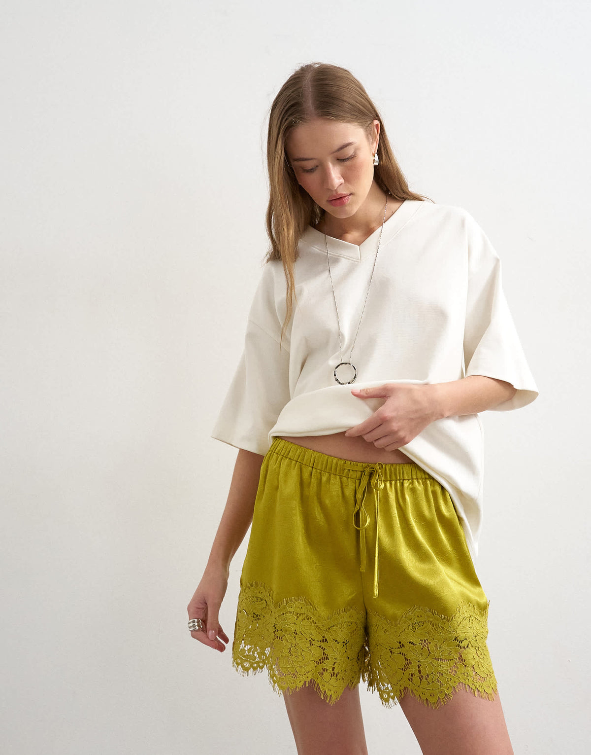 Topshop crinkle satin a-line mini short with lace trim in chartreuse 