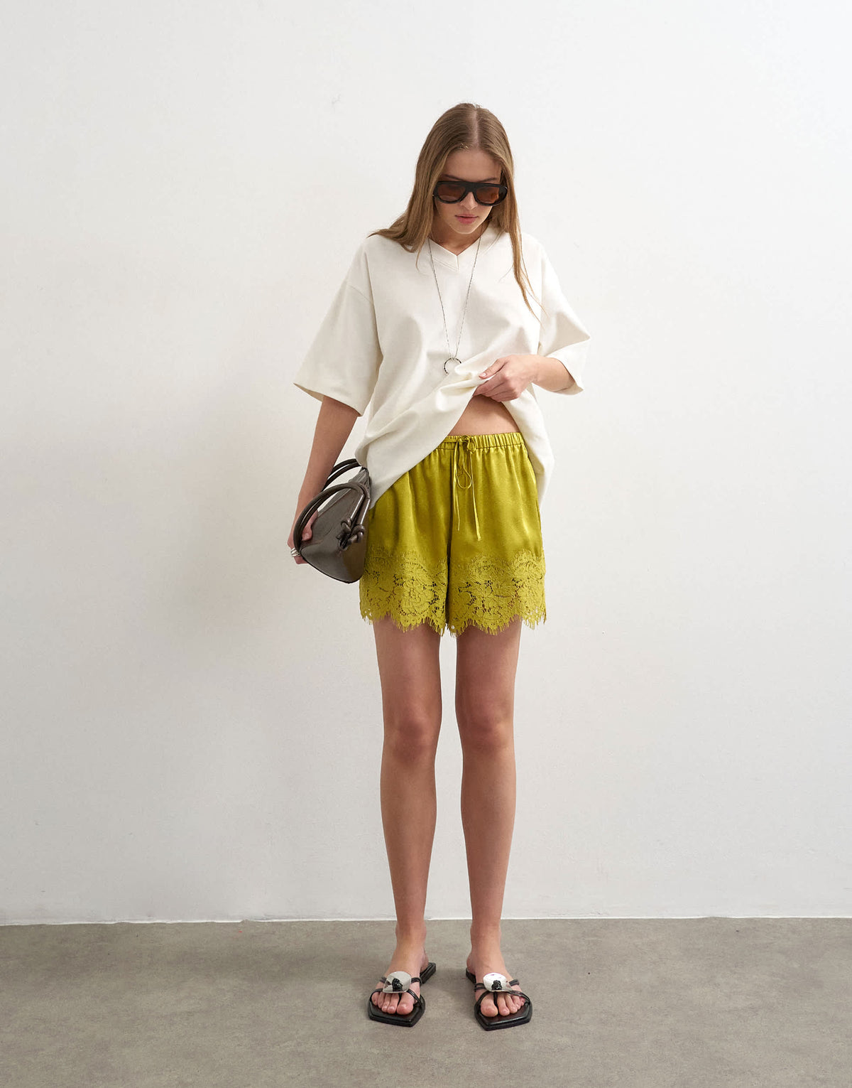 Topshop crinkle satin a-line mini short with lace trim in chartreuse 